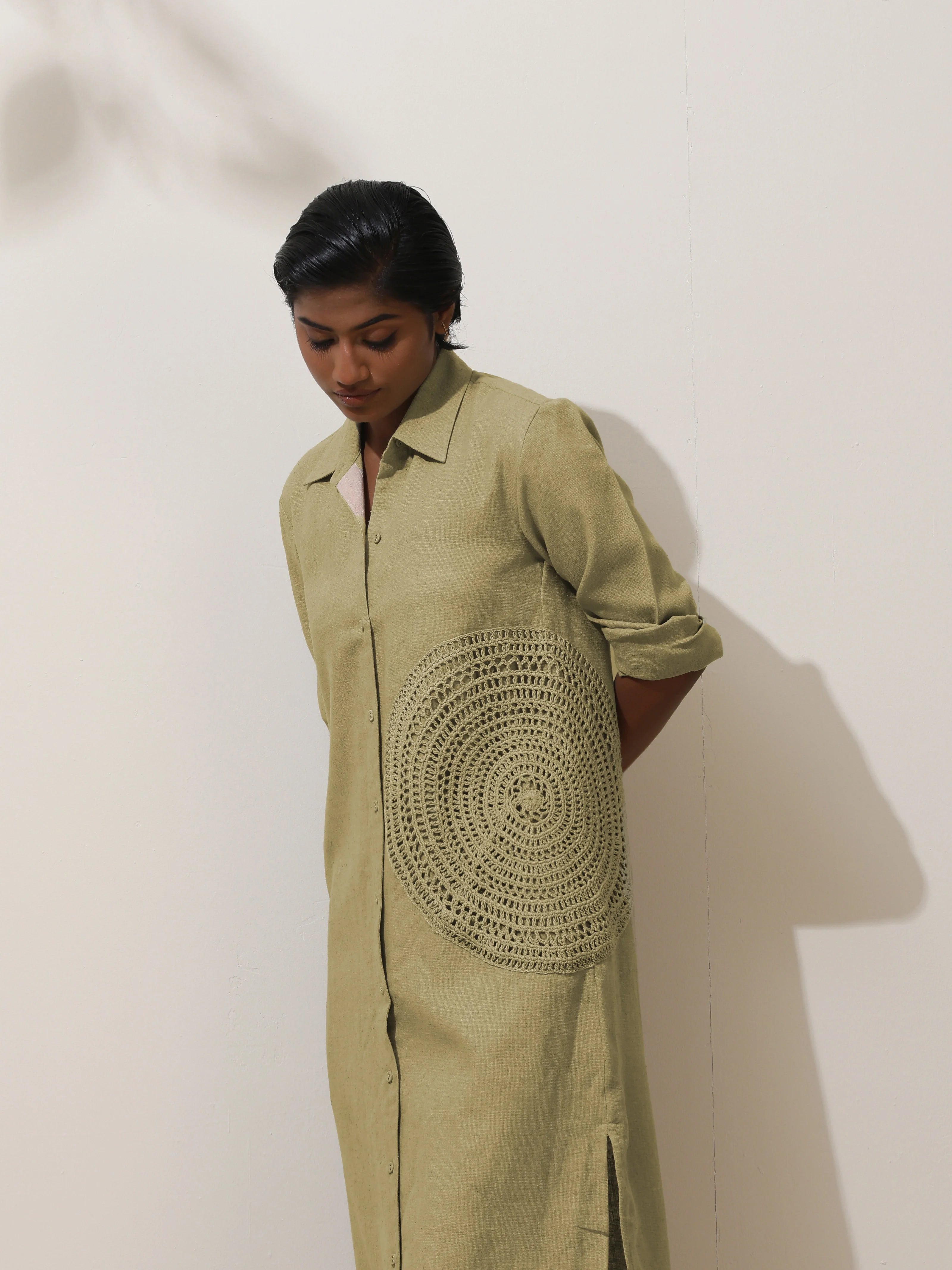 trueBrowns Fern Green Crochet Natural Cotton Kurta Pant Set