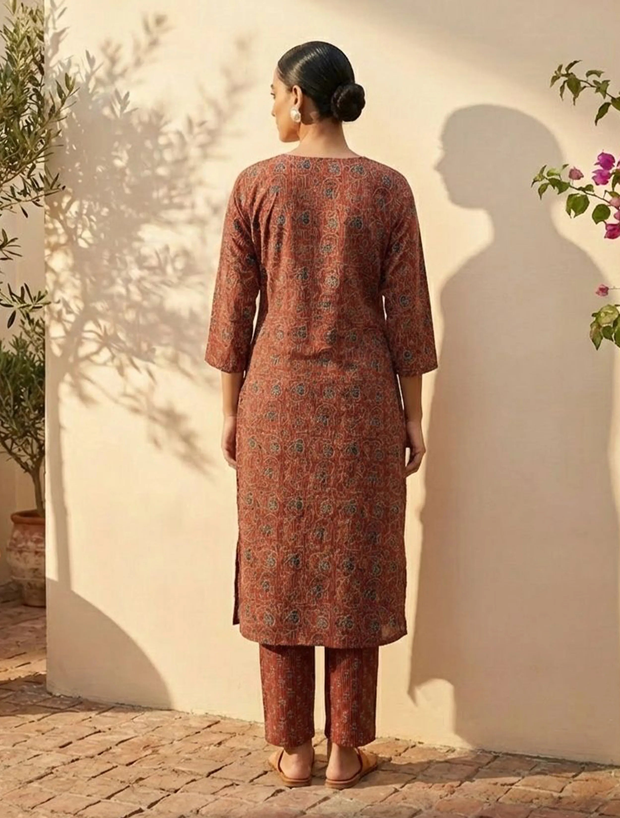 trueBrowns Maroon Floral Print Straight Kurta Pant Dupatta Set