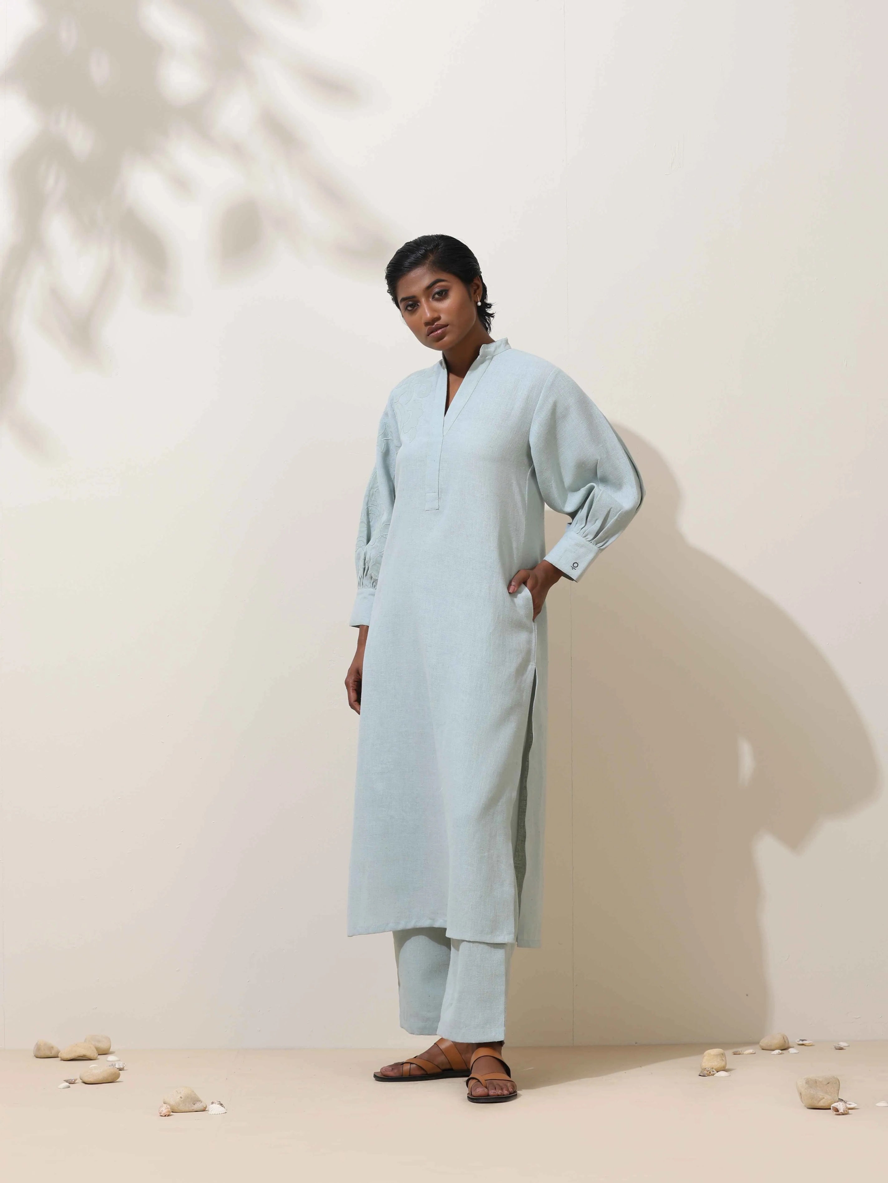 trueBrowns Nilah Blue Embroidered Natural Cotton Kurta Pant Set