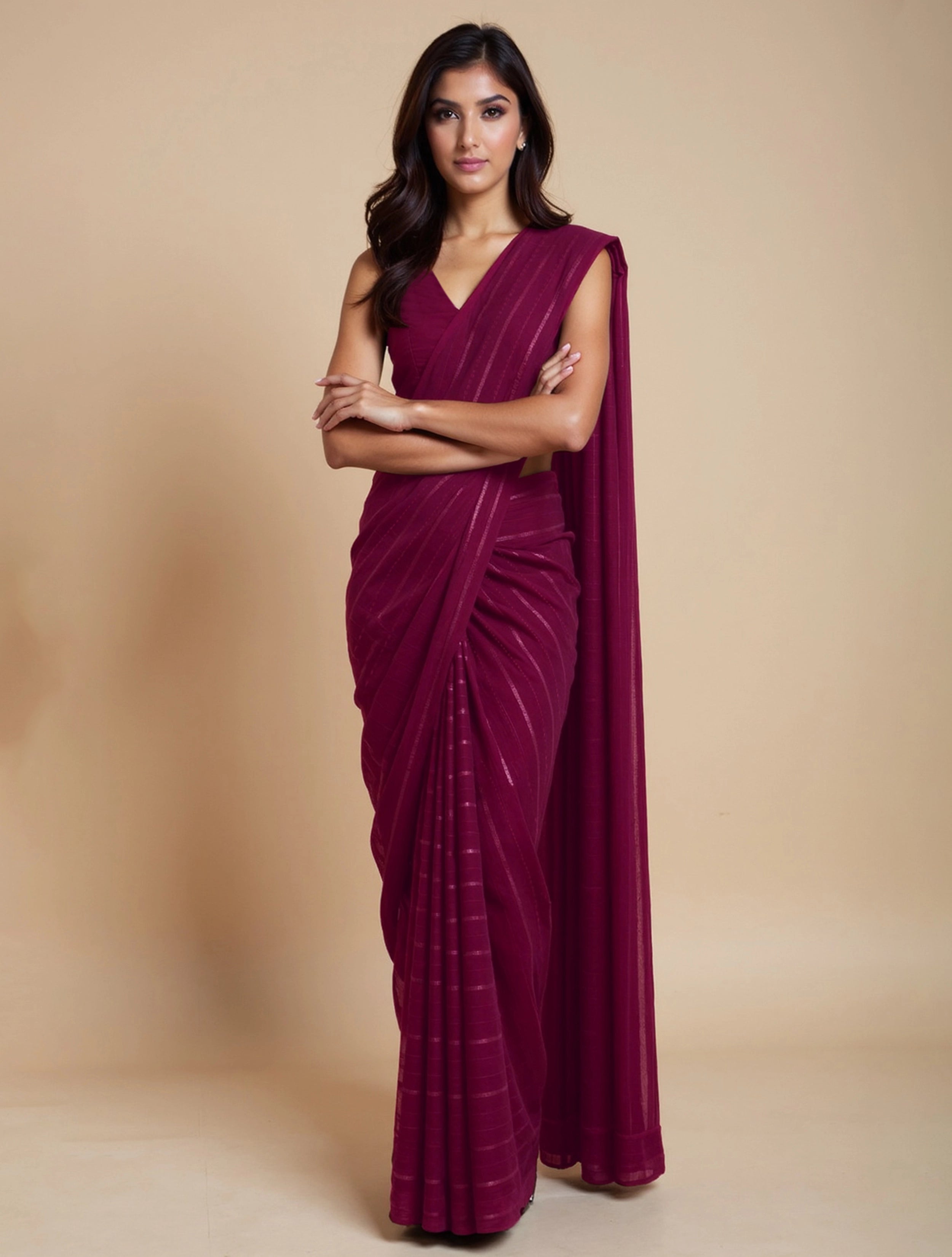 trueBrowns Wine Stripe Saree With Unstitched Blouse