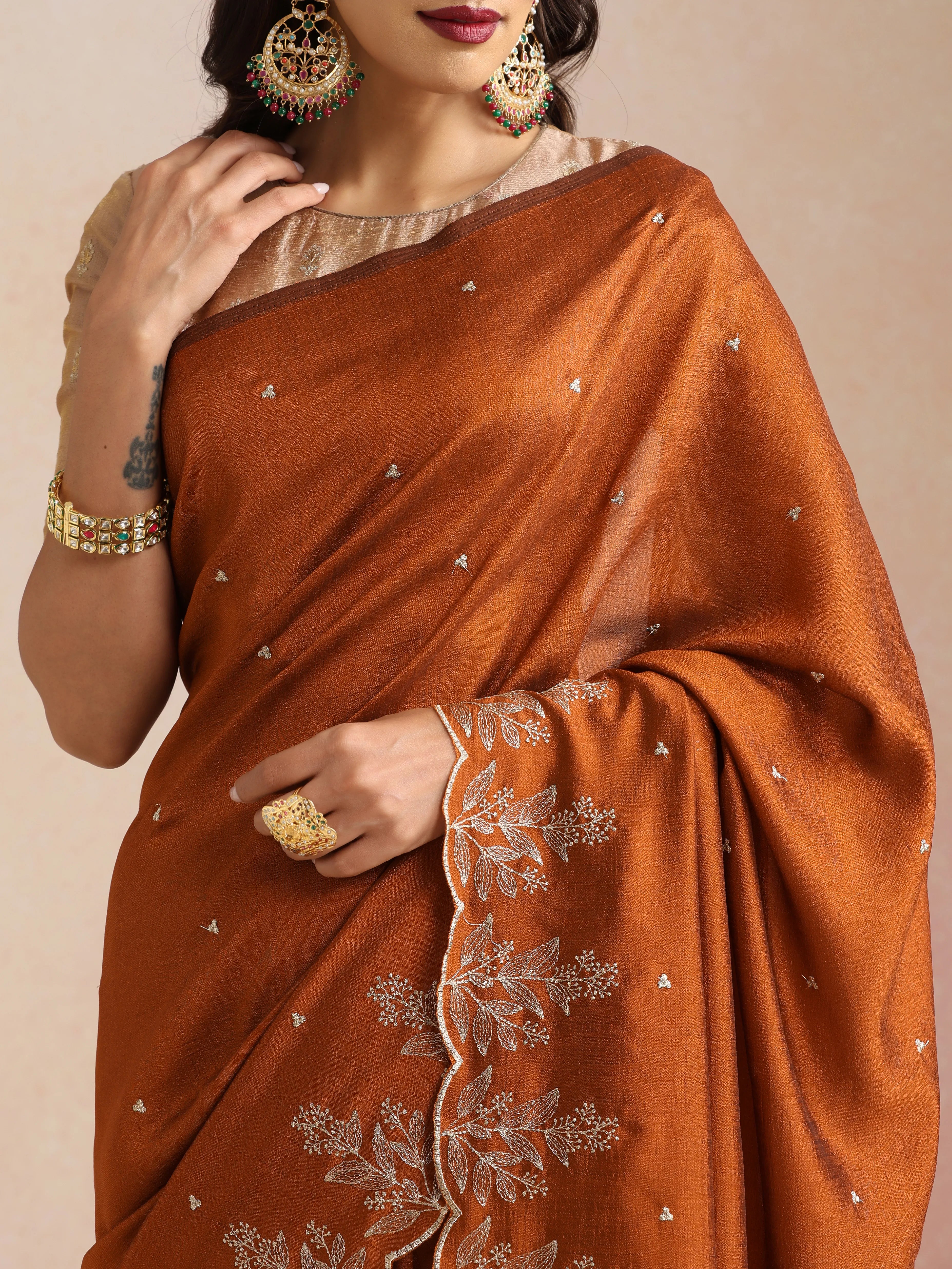 trueBrowns Rust All Over Zari Embroidered Saree With Unstitched Blouse