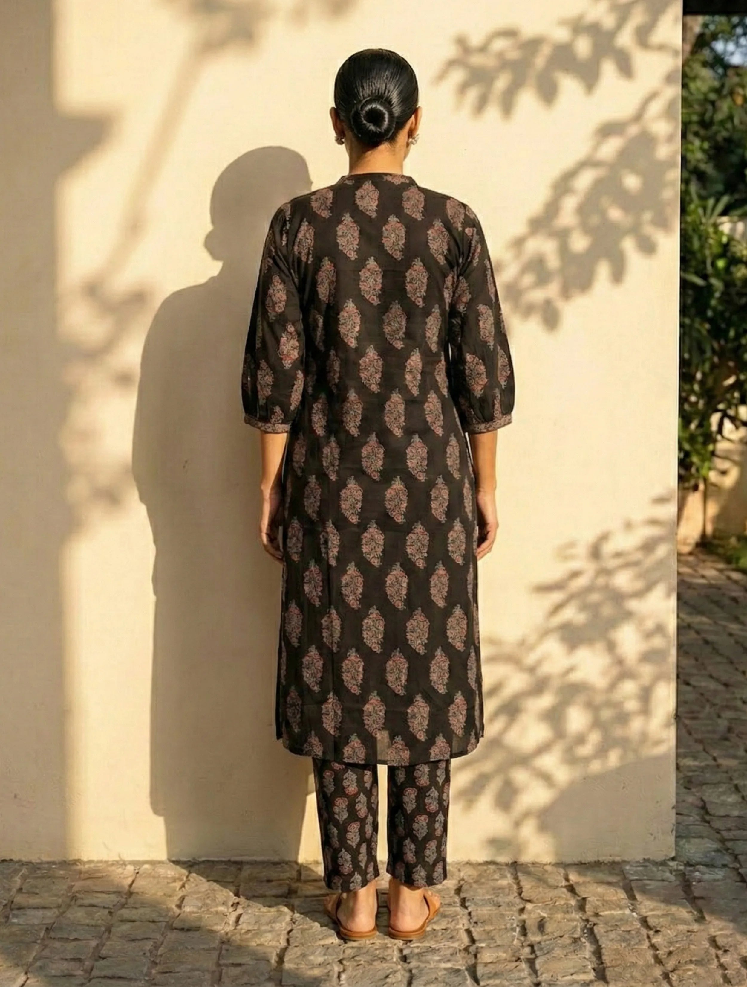 trueBrowns Black Boota Print Angrakha Kurta Pant Dupatta Set