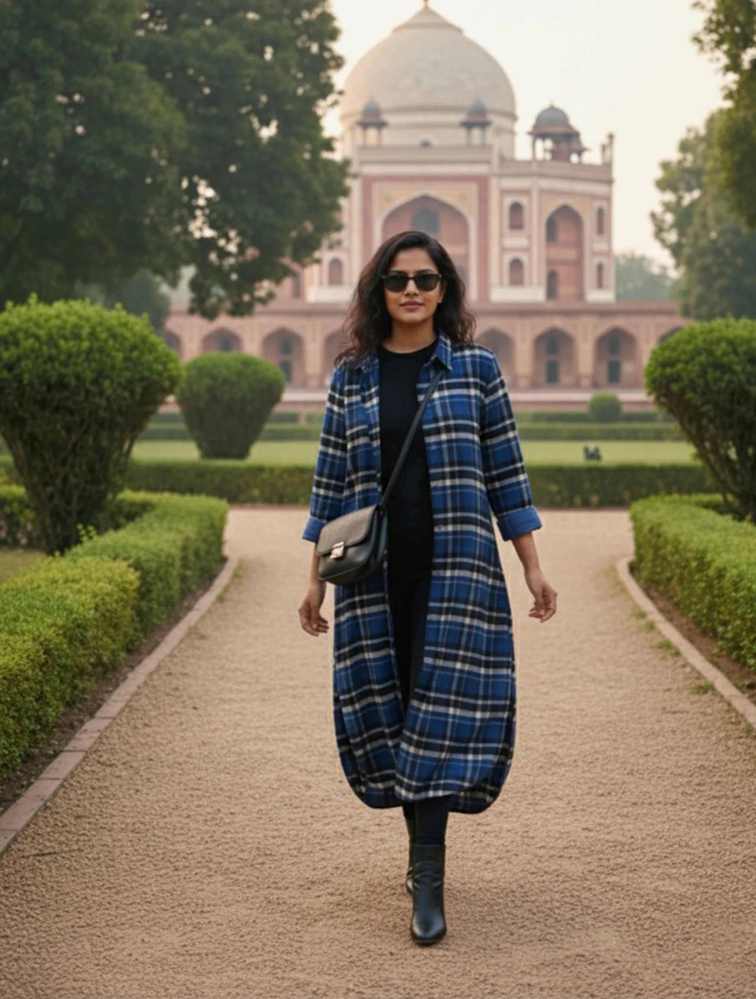 trueBrowns Blue Check Woollen Long Shirt Dress