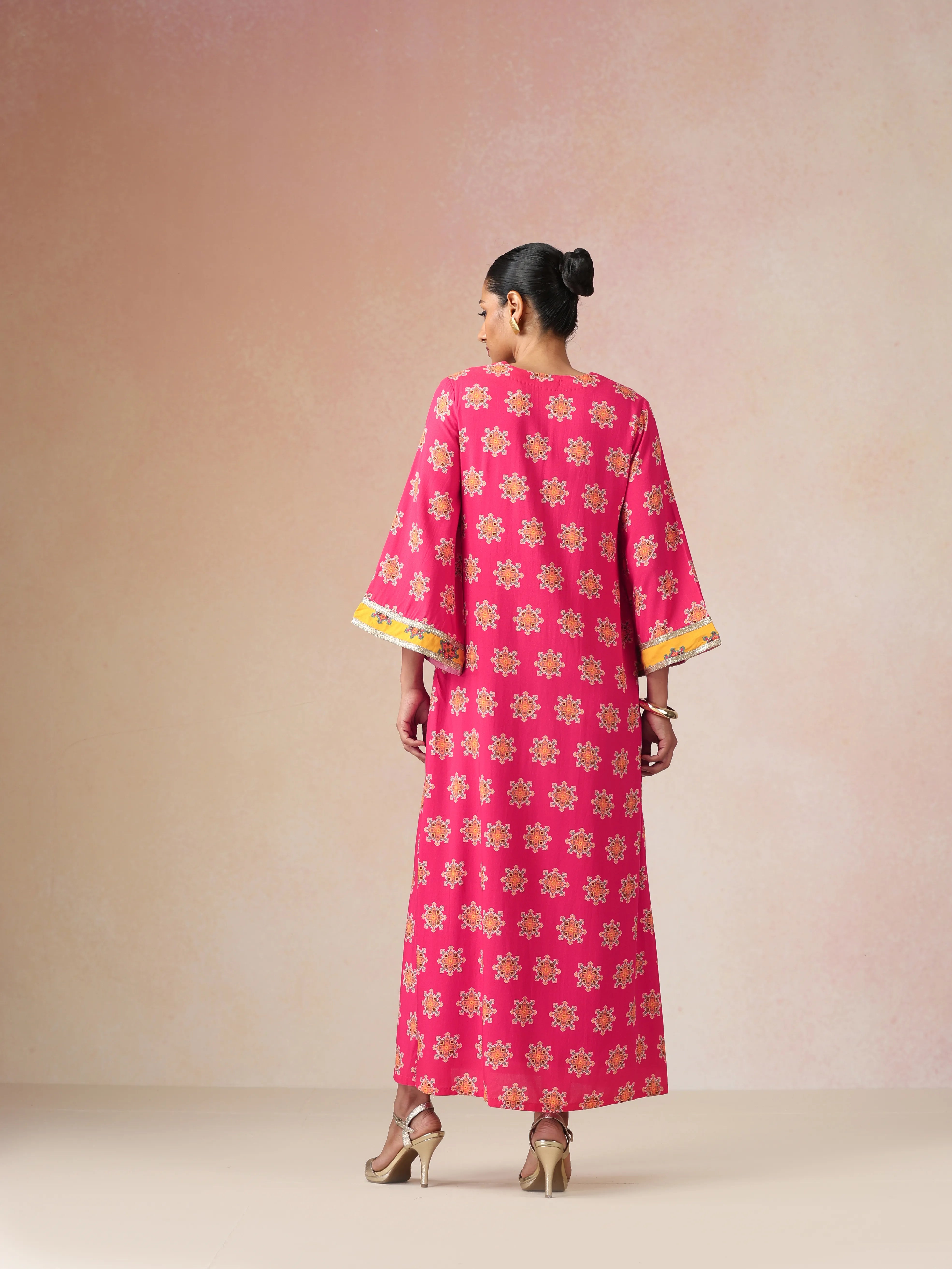 trueBrowns Pink Boota Print Viscose Straight Maxi Dress