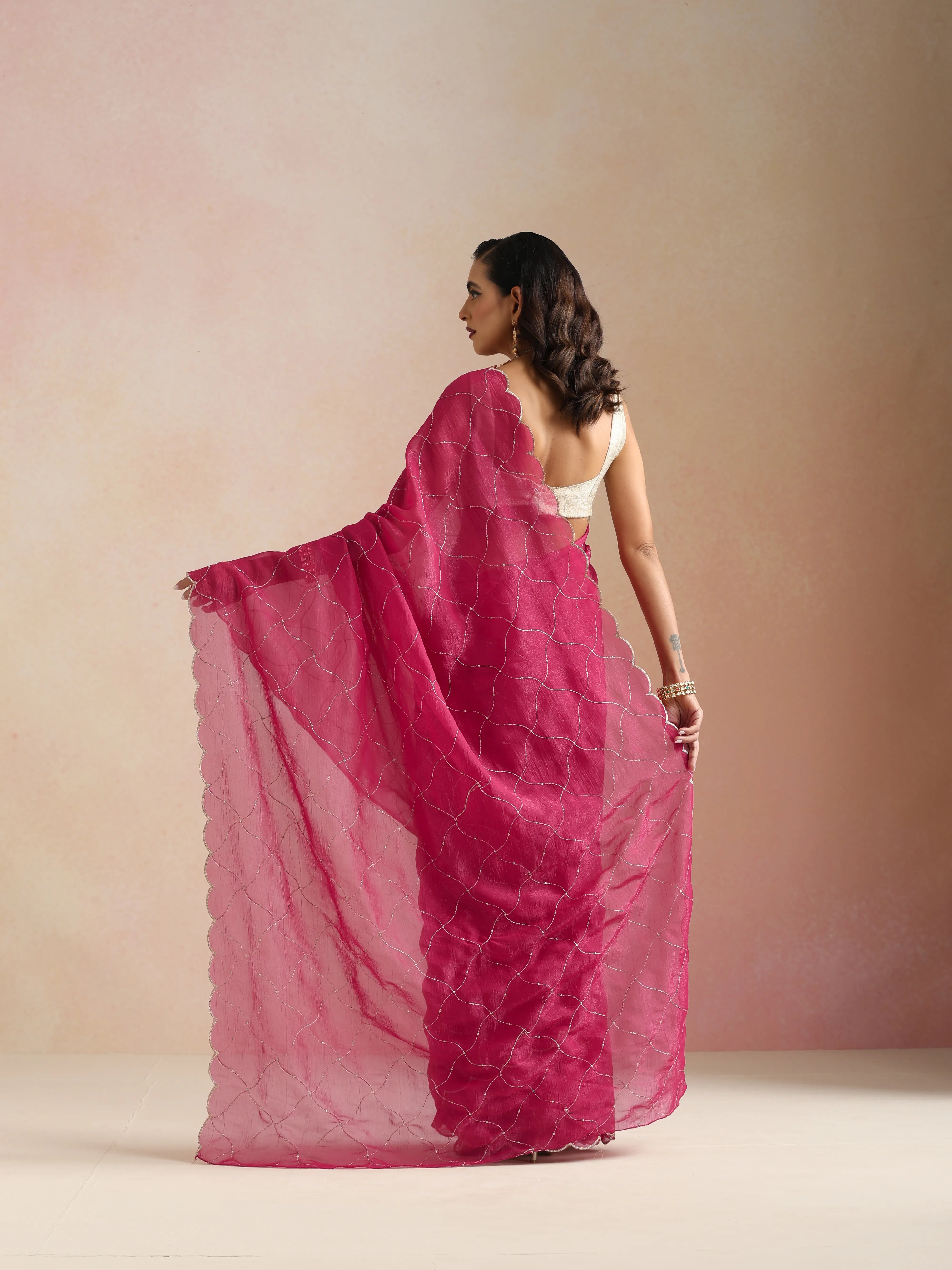 trueBrowns Pink Zari Jaal Embroidered Saree With Unstitched Blouse
