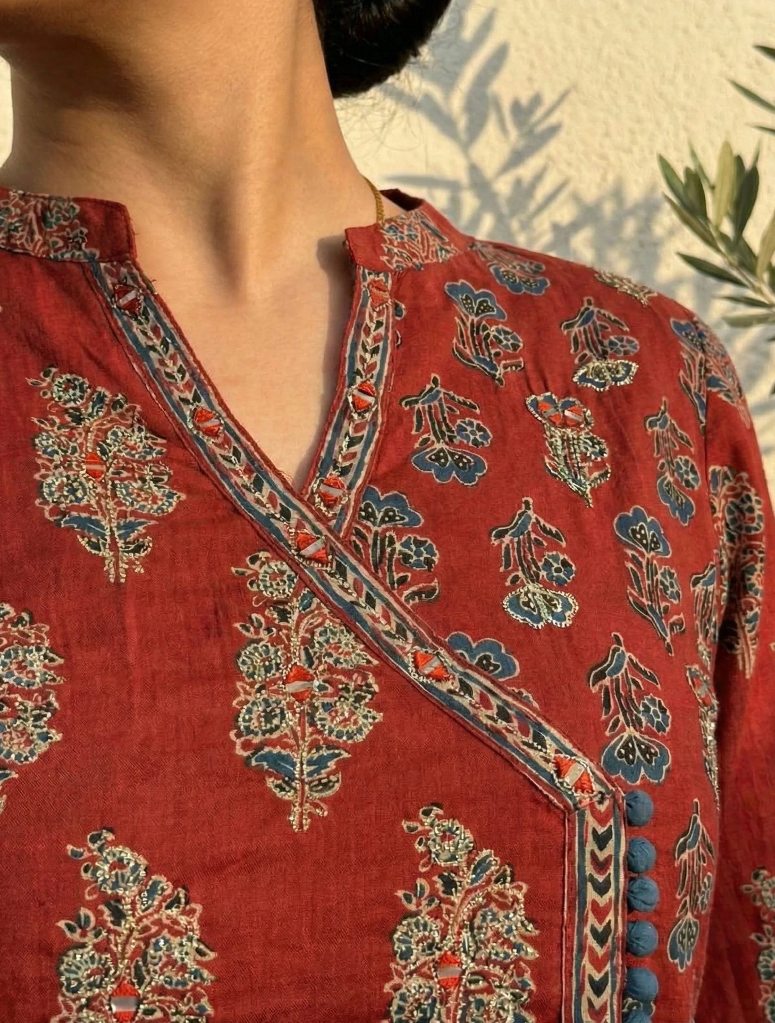 trueBrowns Rust Boota Print Angrakha Kurta Pant Dupatta Set