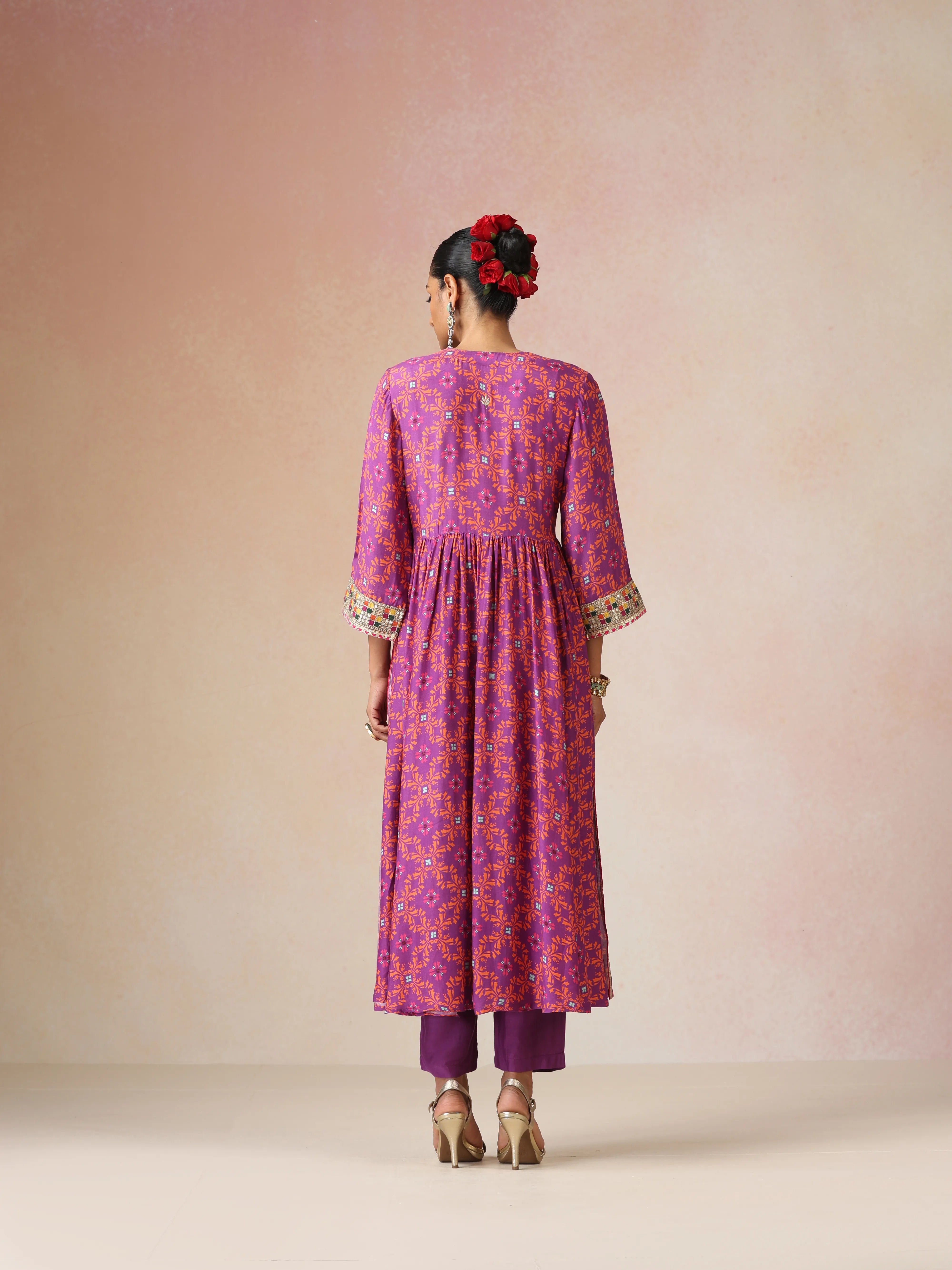 trueBrowns Purple Orange Jaal Print Viscose Anarkali High-Slit Kurta Set