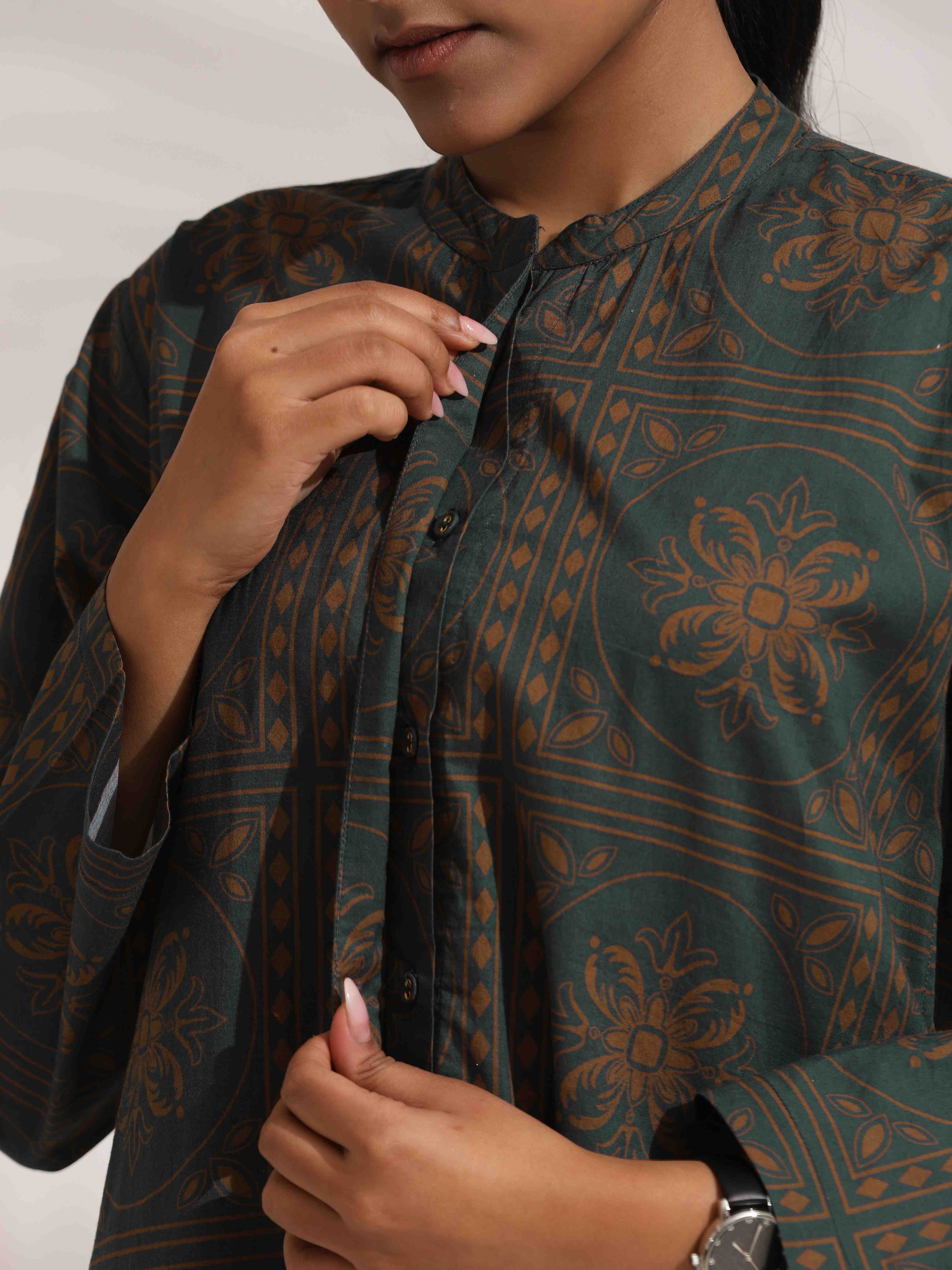 trueBrowns Green Cotton Print Shirt Top & Pants Co-ord Set