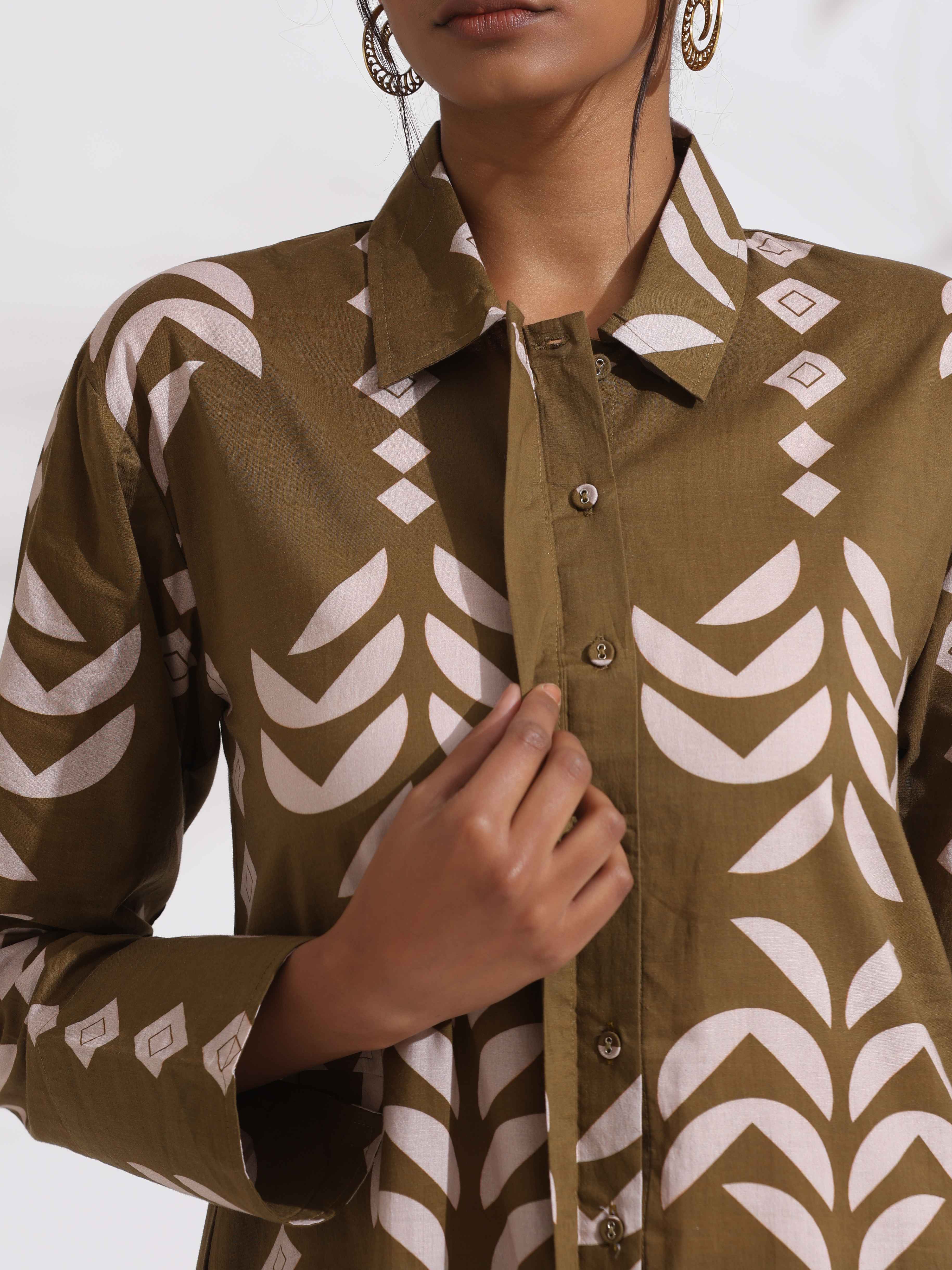 trueBrowns Olive Green Cotton Stripe Print Shirt Kurta Set