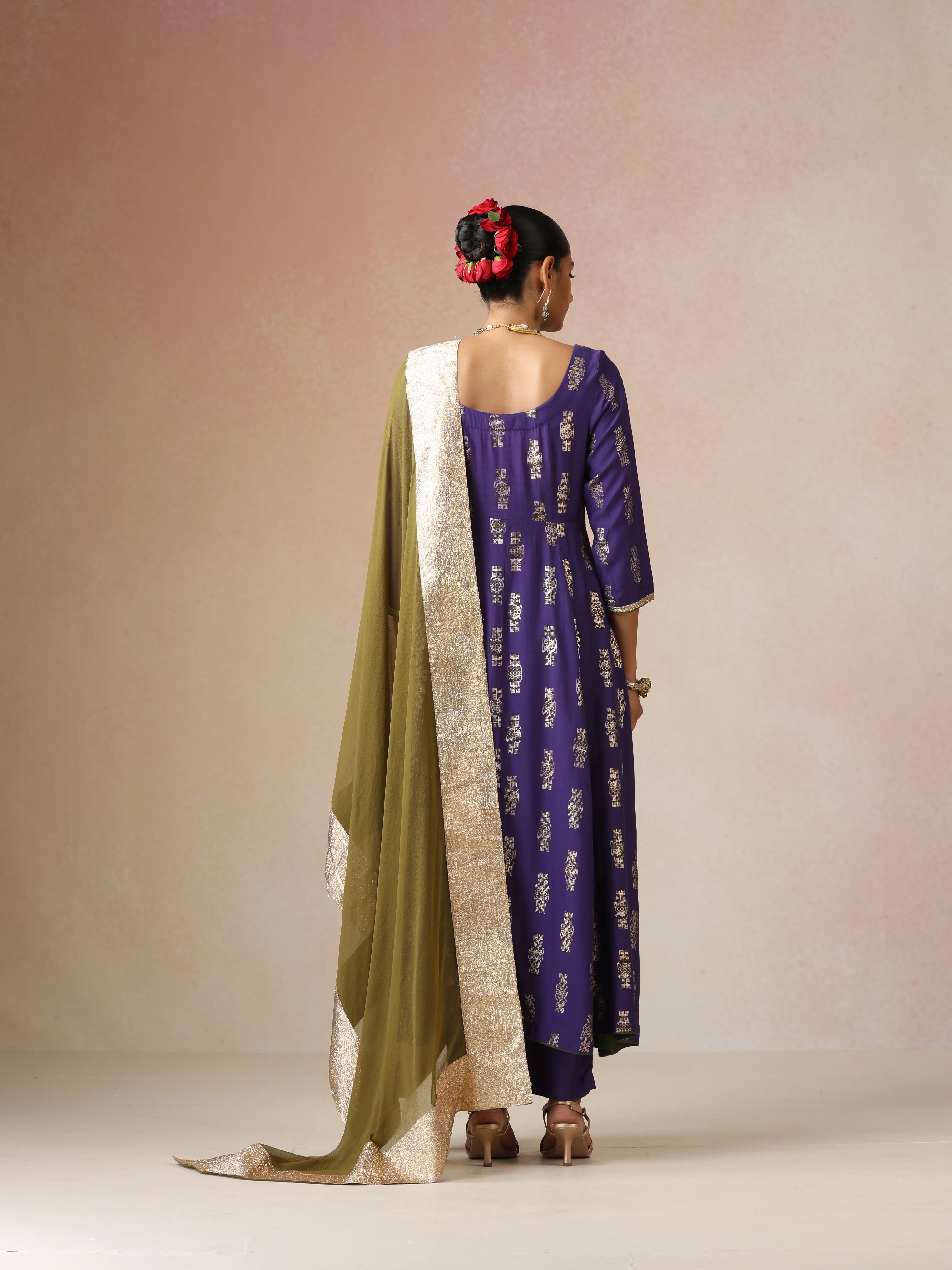 trueBrowns Purple Gold Foil Print Muslin Silk Anarkali Kurta Pants Dupatta Set