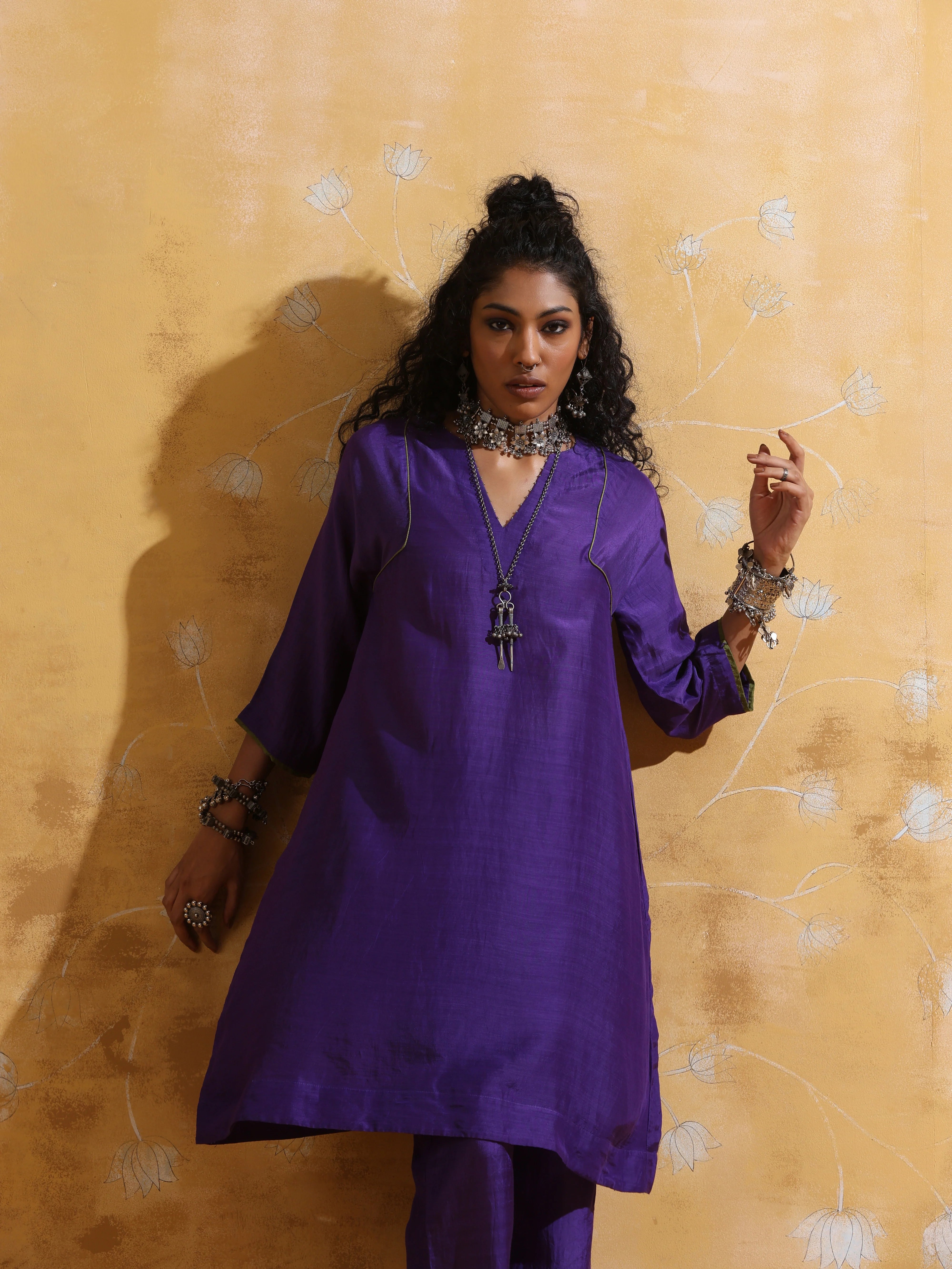 trueBrowns Purple Muslin Silk A-line Kurta Co-ord Set