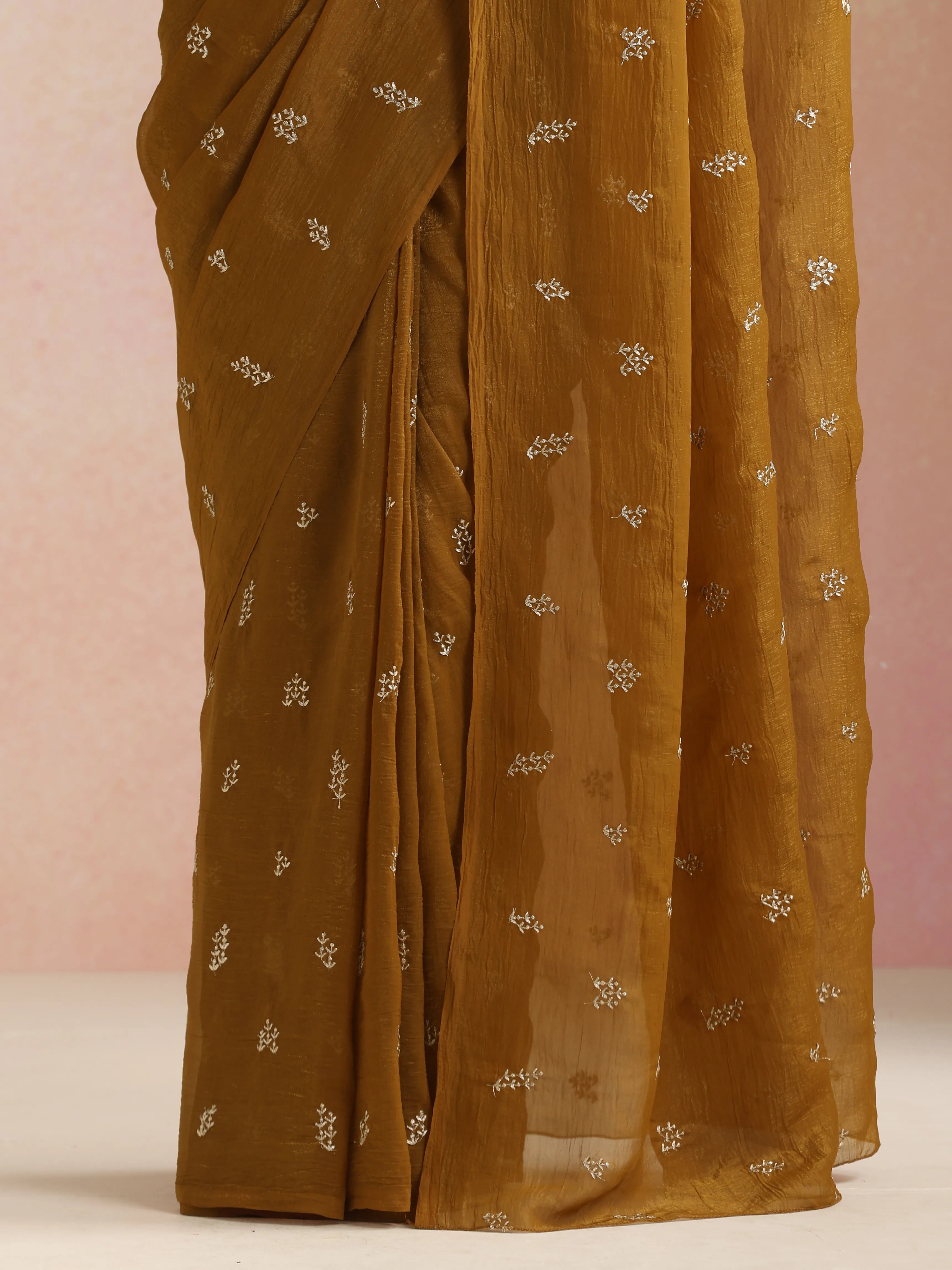 trueBrowns Bronze All Over Embroidered Saree With Unstitched Blouse