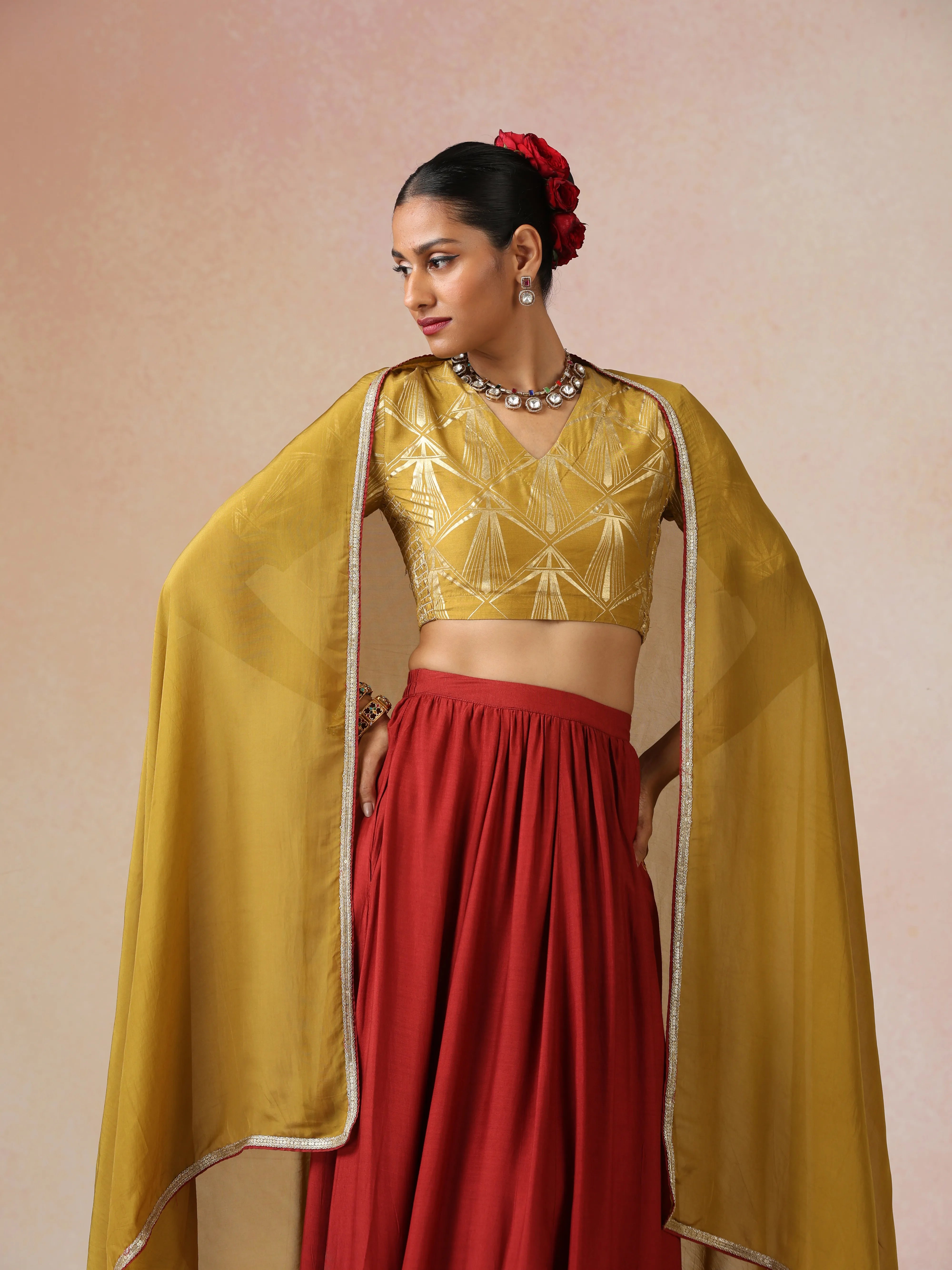 trueBrowns Mustard Gold Foil Print Muslin Silk Blouse Skirt Dupatta Set