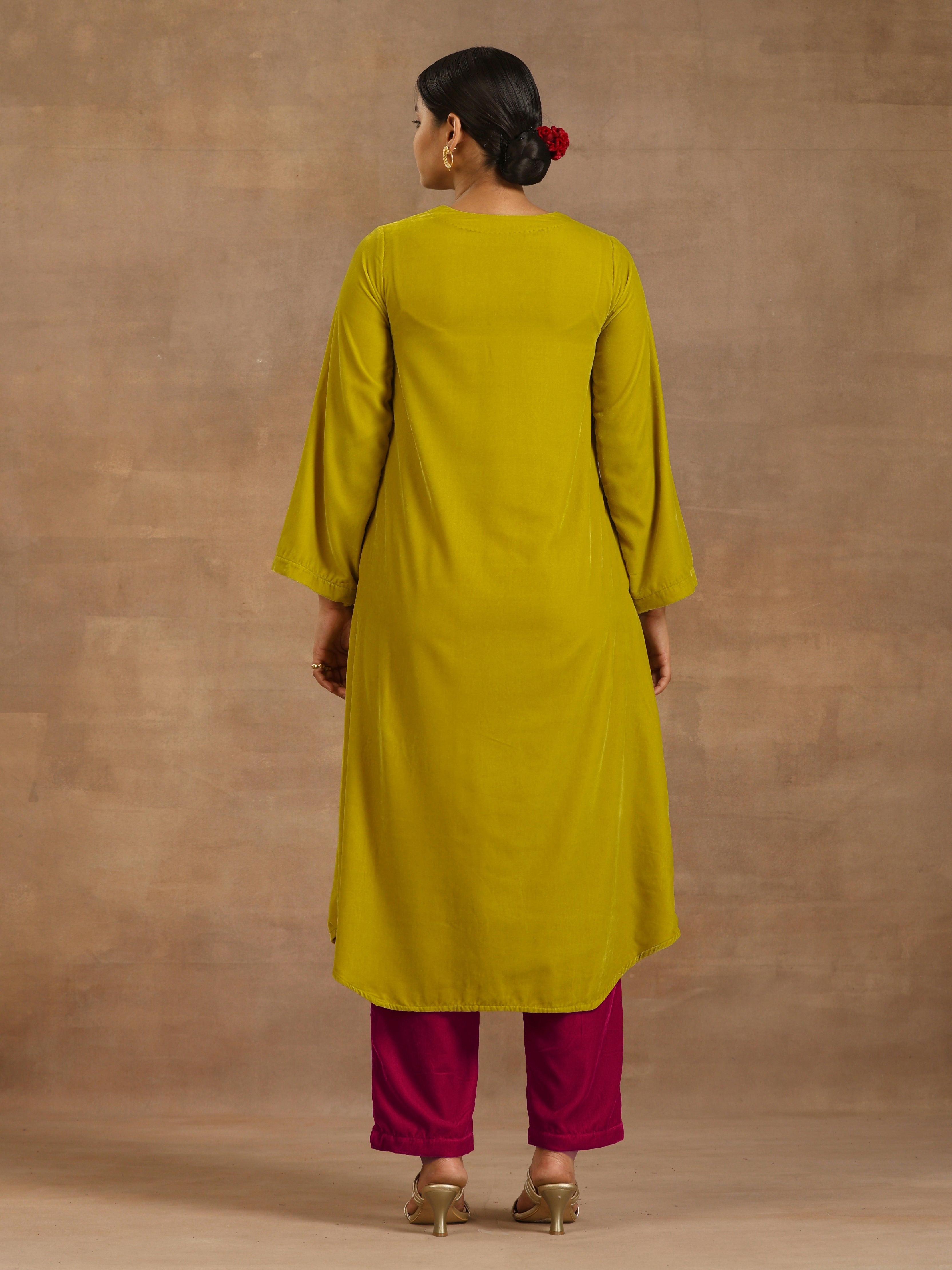 trueBrowns Lime Velvet Yoke Embroidered Kurta