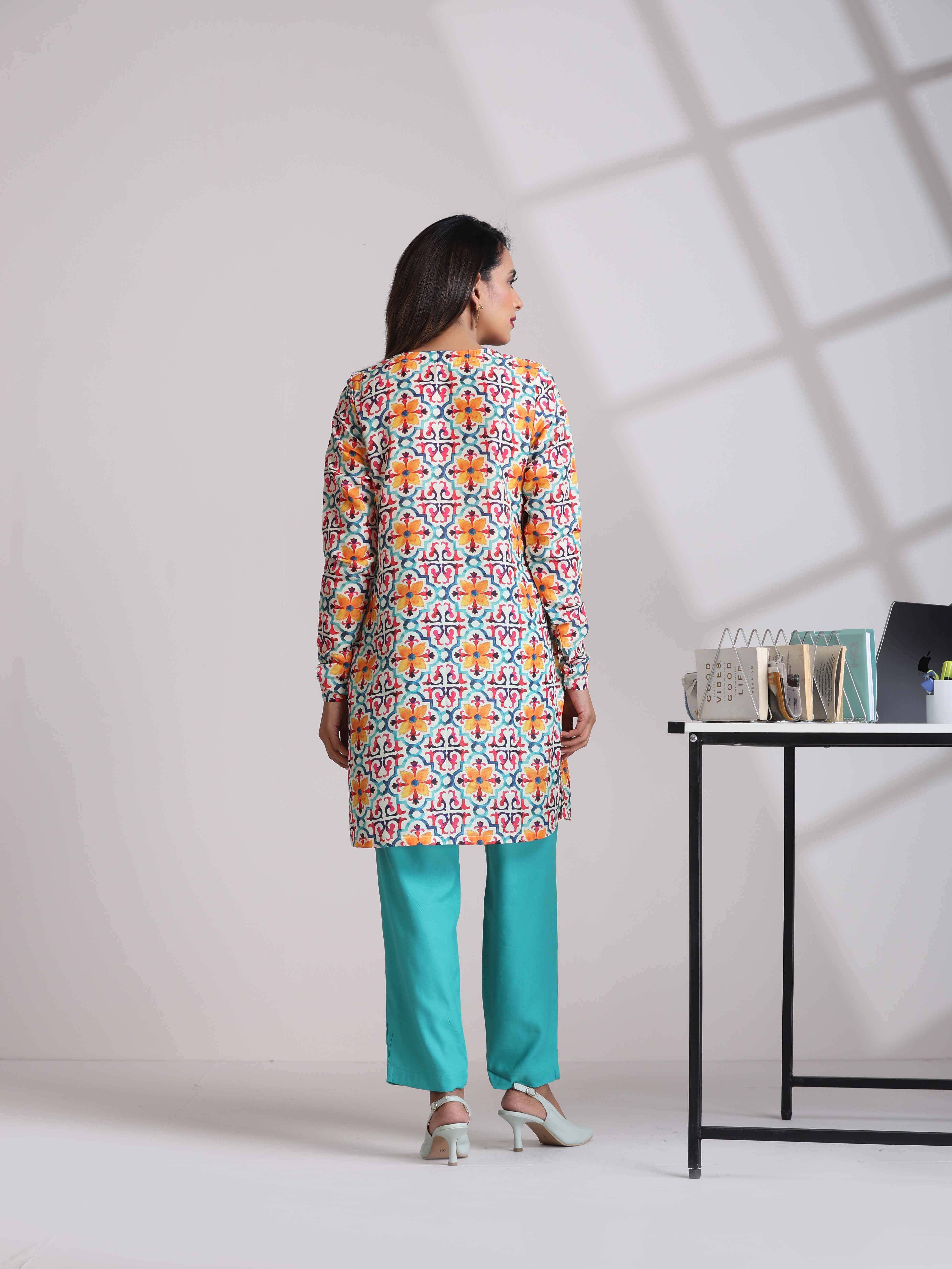 trueBrowns Off White Print Kurta Co-ord Set