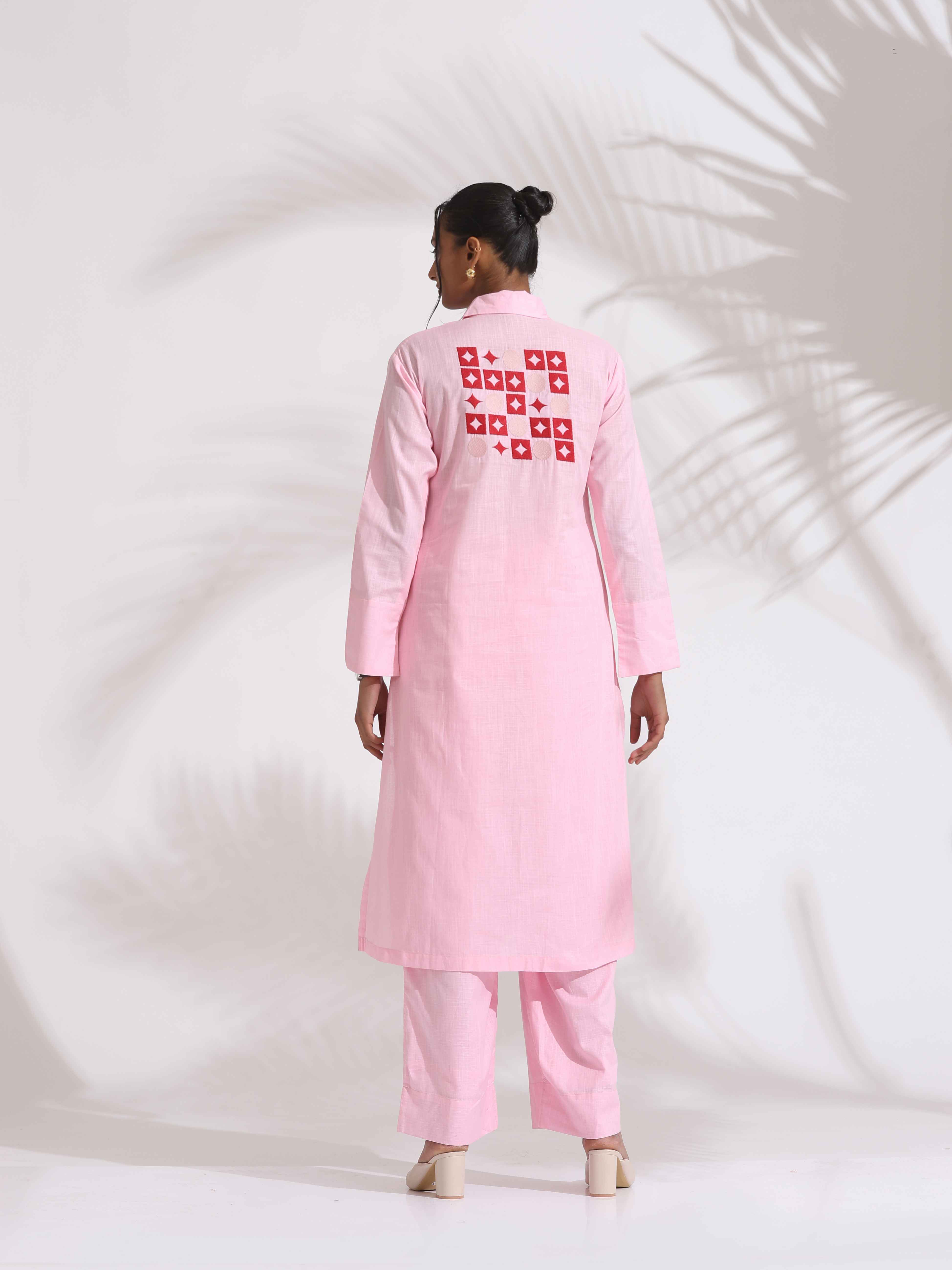 trueBrowns Pink Cotton Embroidered Kurta Set