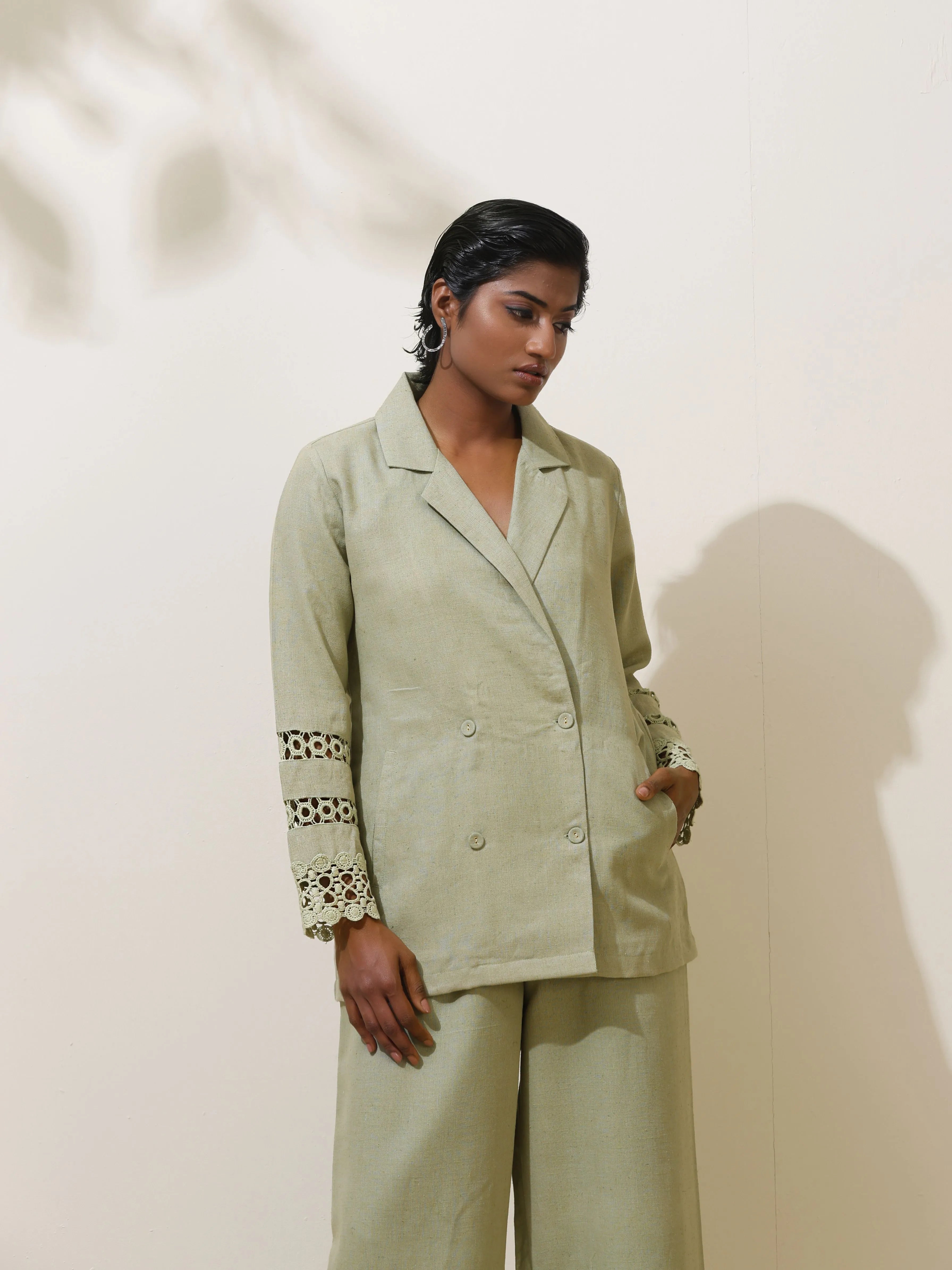 trueBrowns Matcha Green Crochet Natural Cotton Blazer Co-ord Set