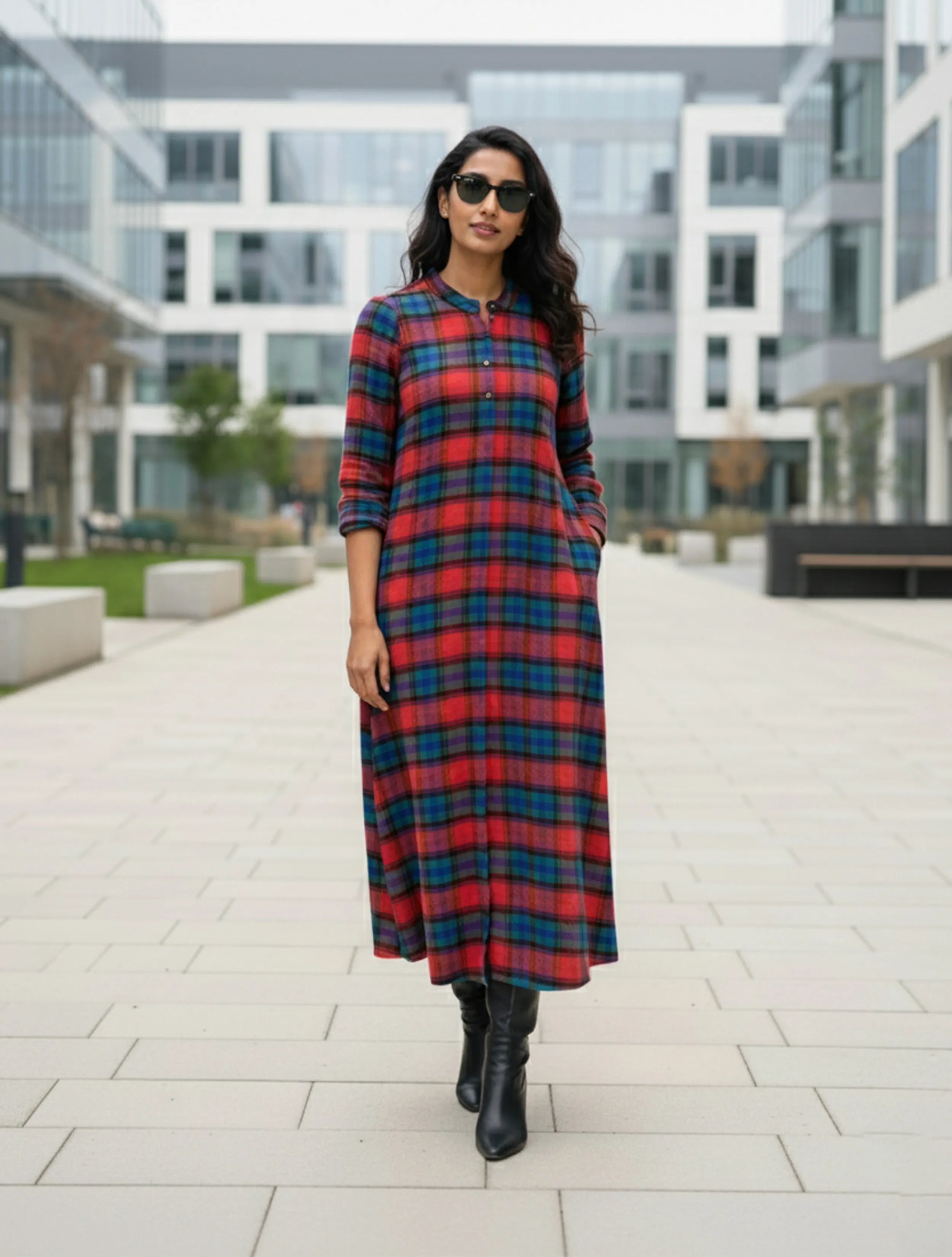 trueBrowns Red Bule Check Woollen Dress
