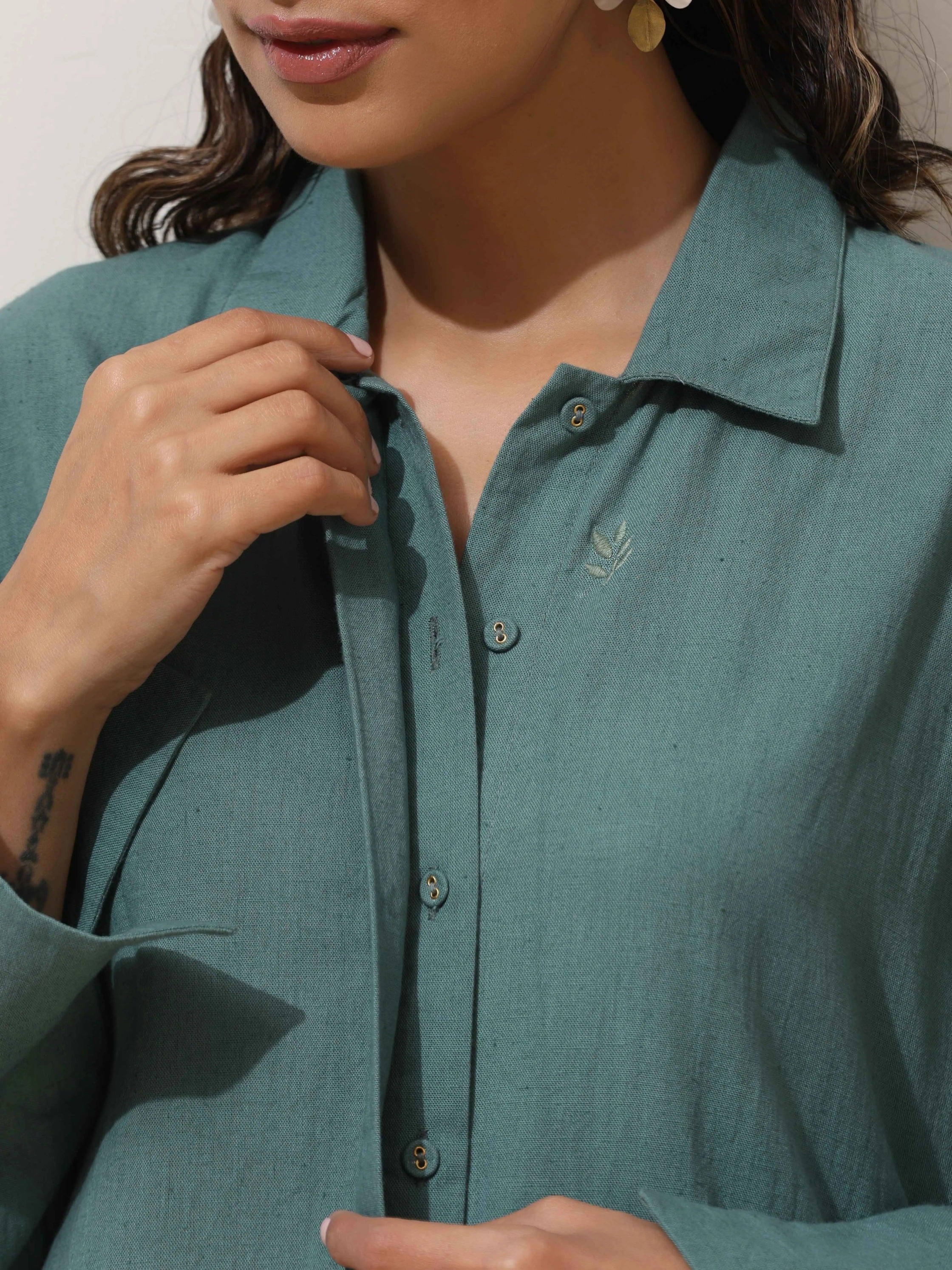 trueBrowns Green Cotton Linen Kurta Pant Set