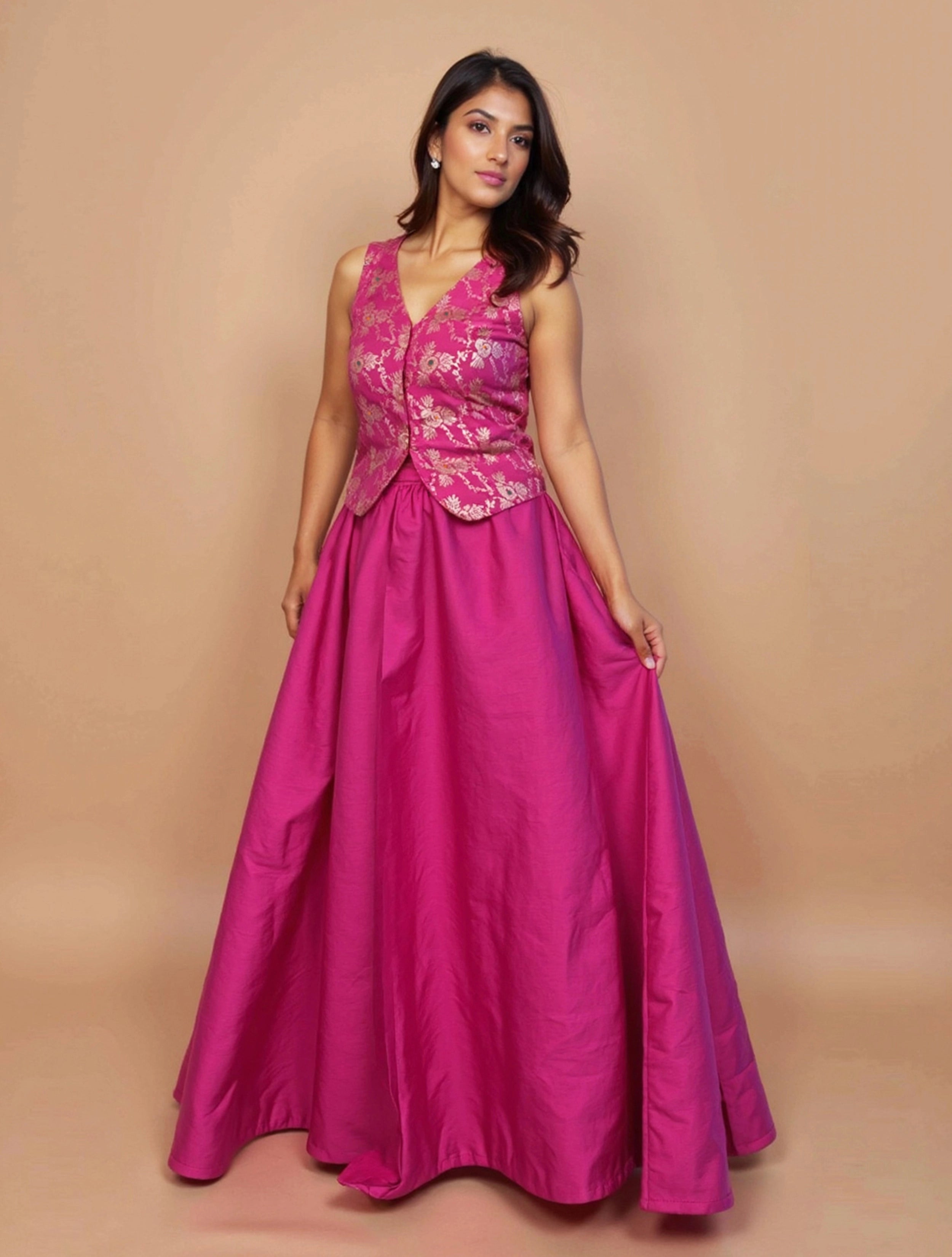 trueBrowns Pink Brocade Jacket Skirt Co-ord Set