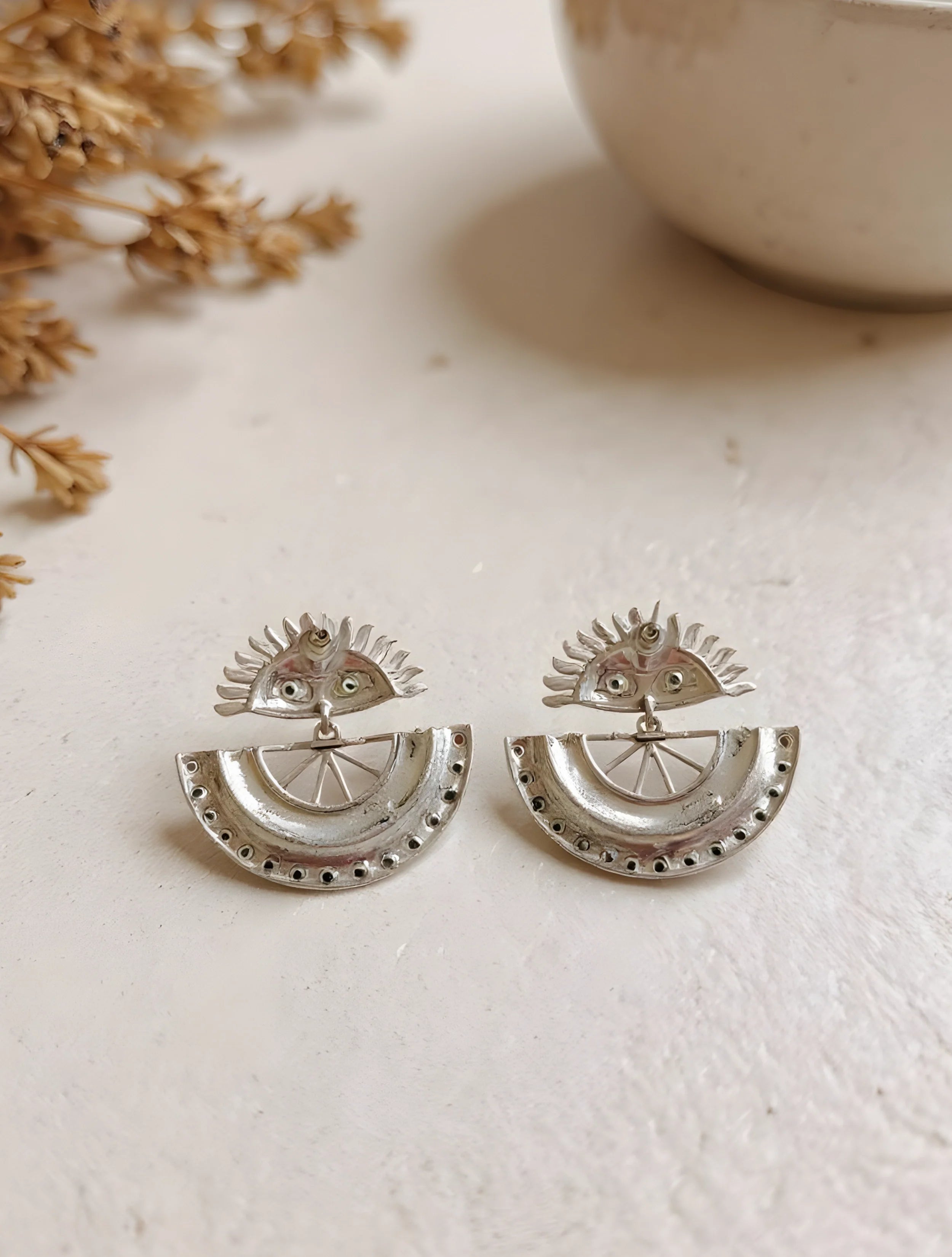 trueBrowns Sliver Toned Half Mandala Stone Studded Earrings
