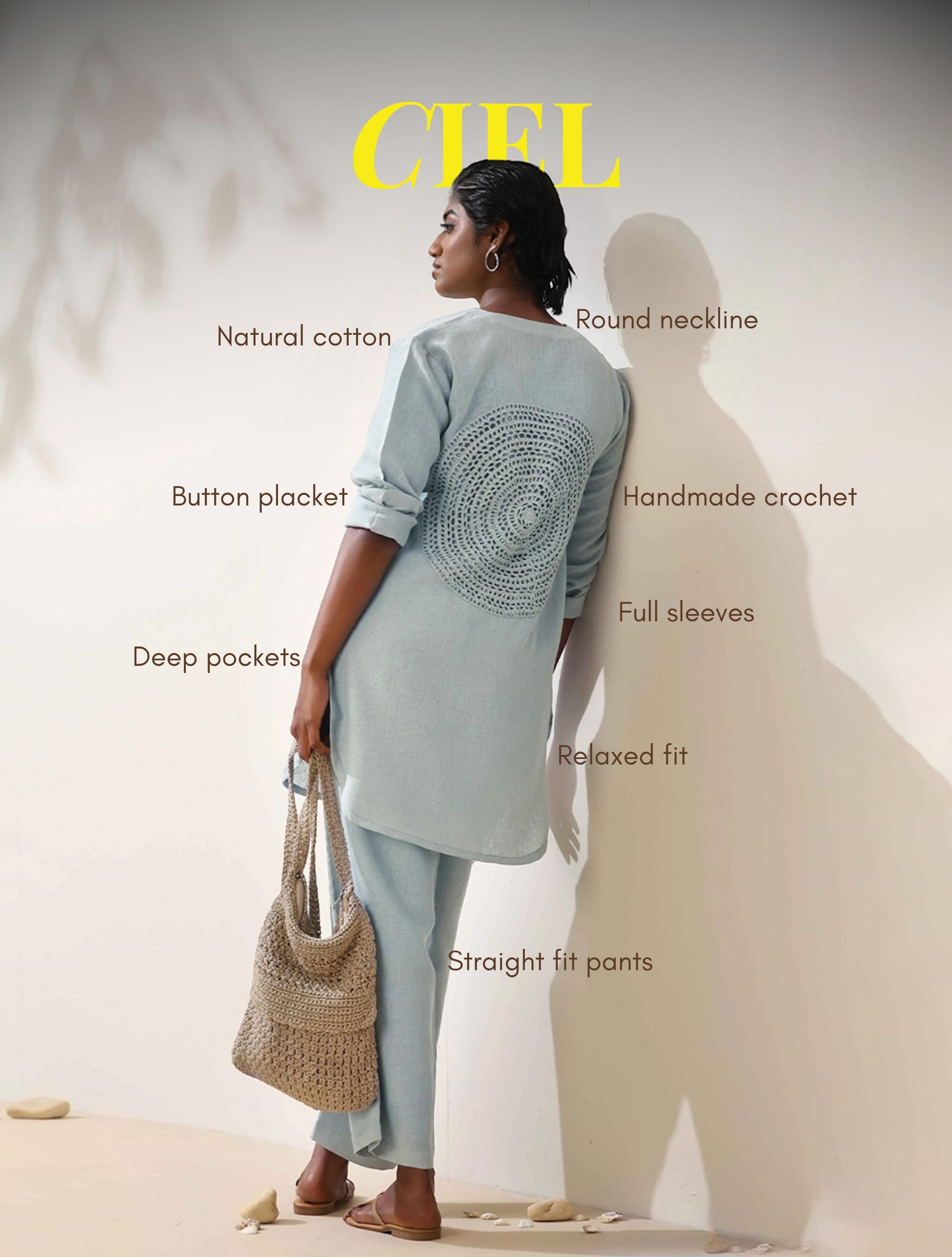 trueBrowns Ciel Blue Crochet Natural Cotton Kurta Co-ord Set