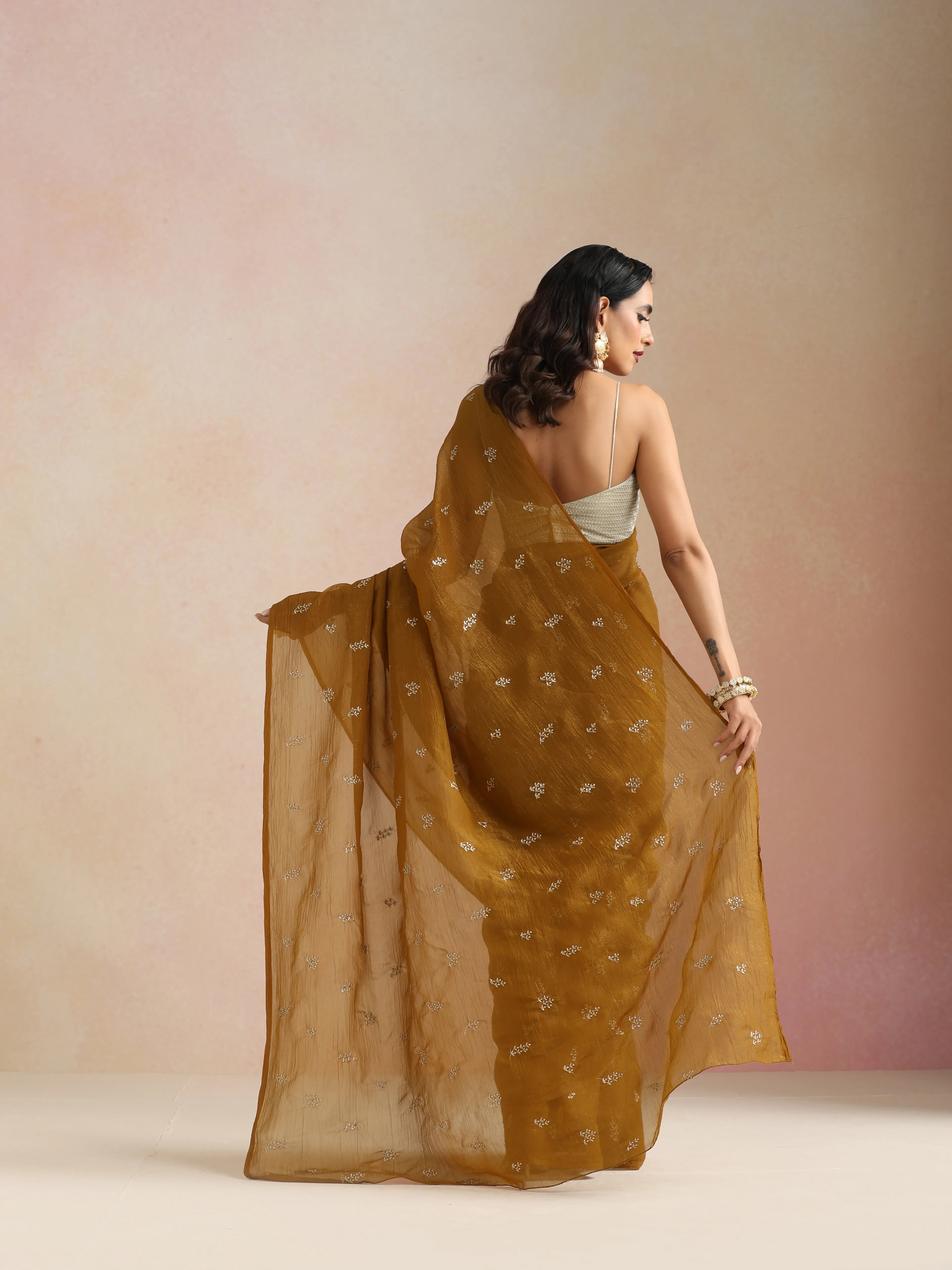 trueBrowns Bronze All Over Embroidered Saree With Unstitched Blouse
