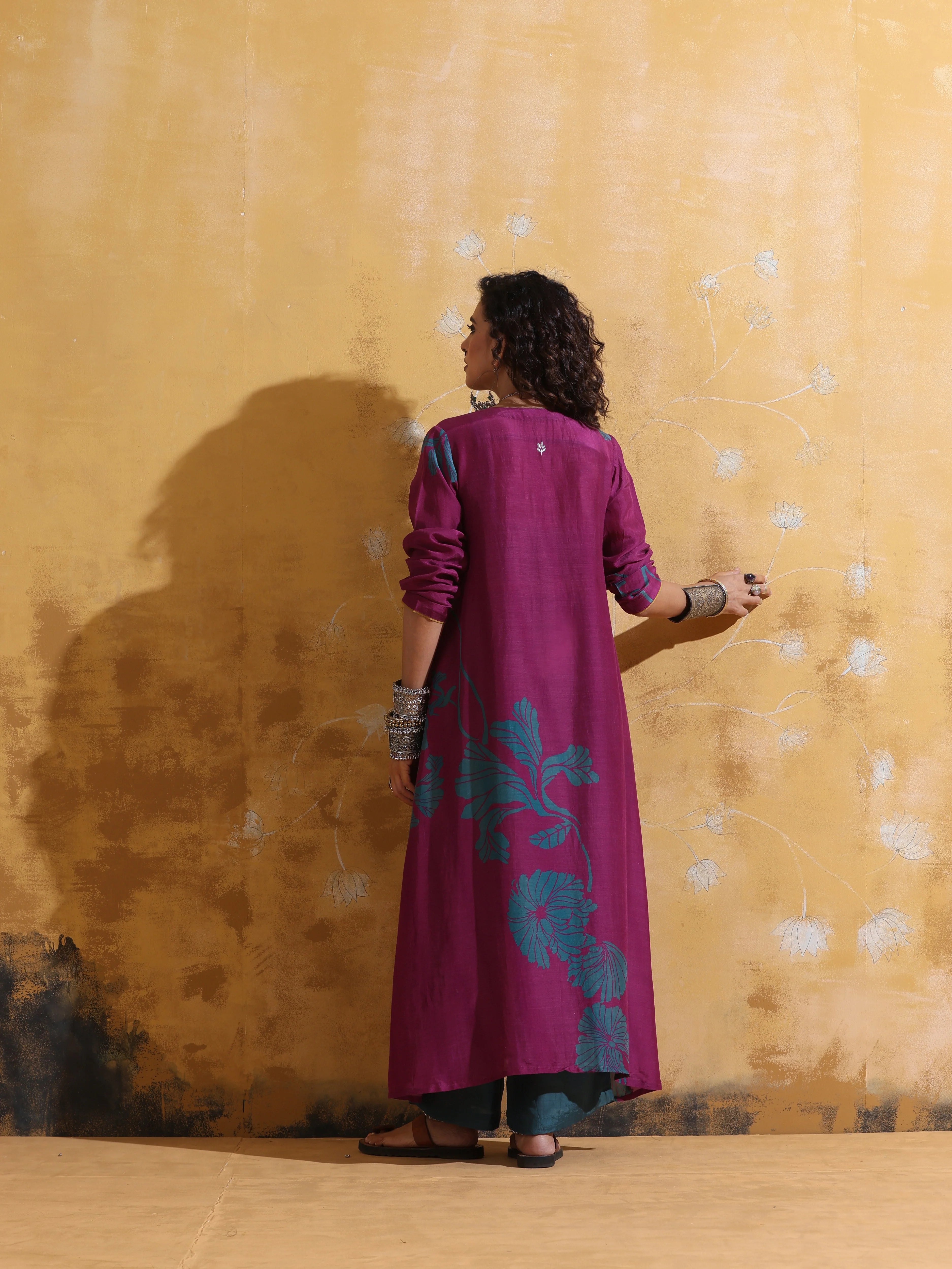 trueBrowns Purple Teal Print Muslin Silk Jacket Set