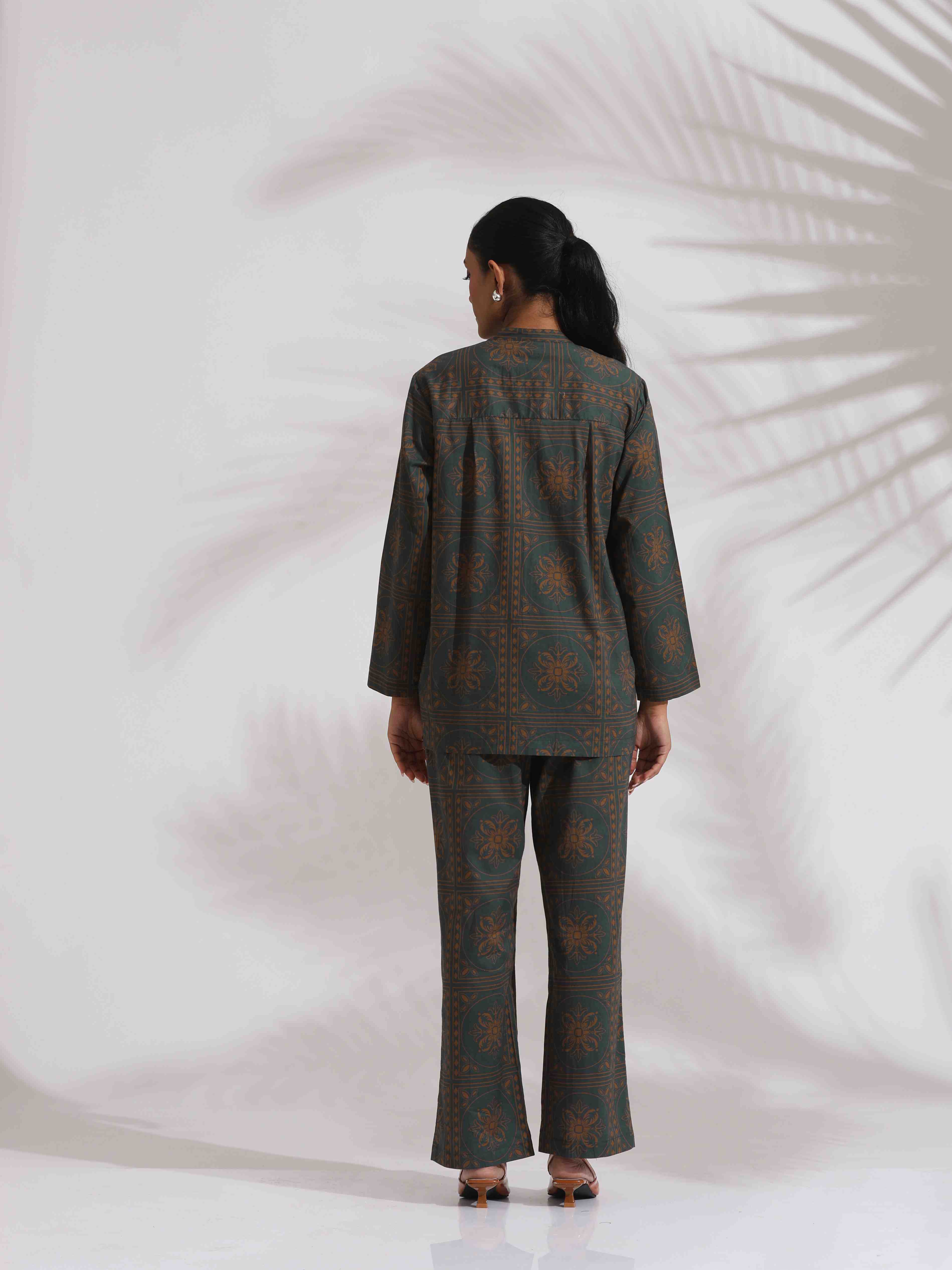 trueBrowns Green Cotton Print Shirt Top & Pants Co-ord Set