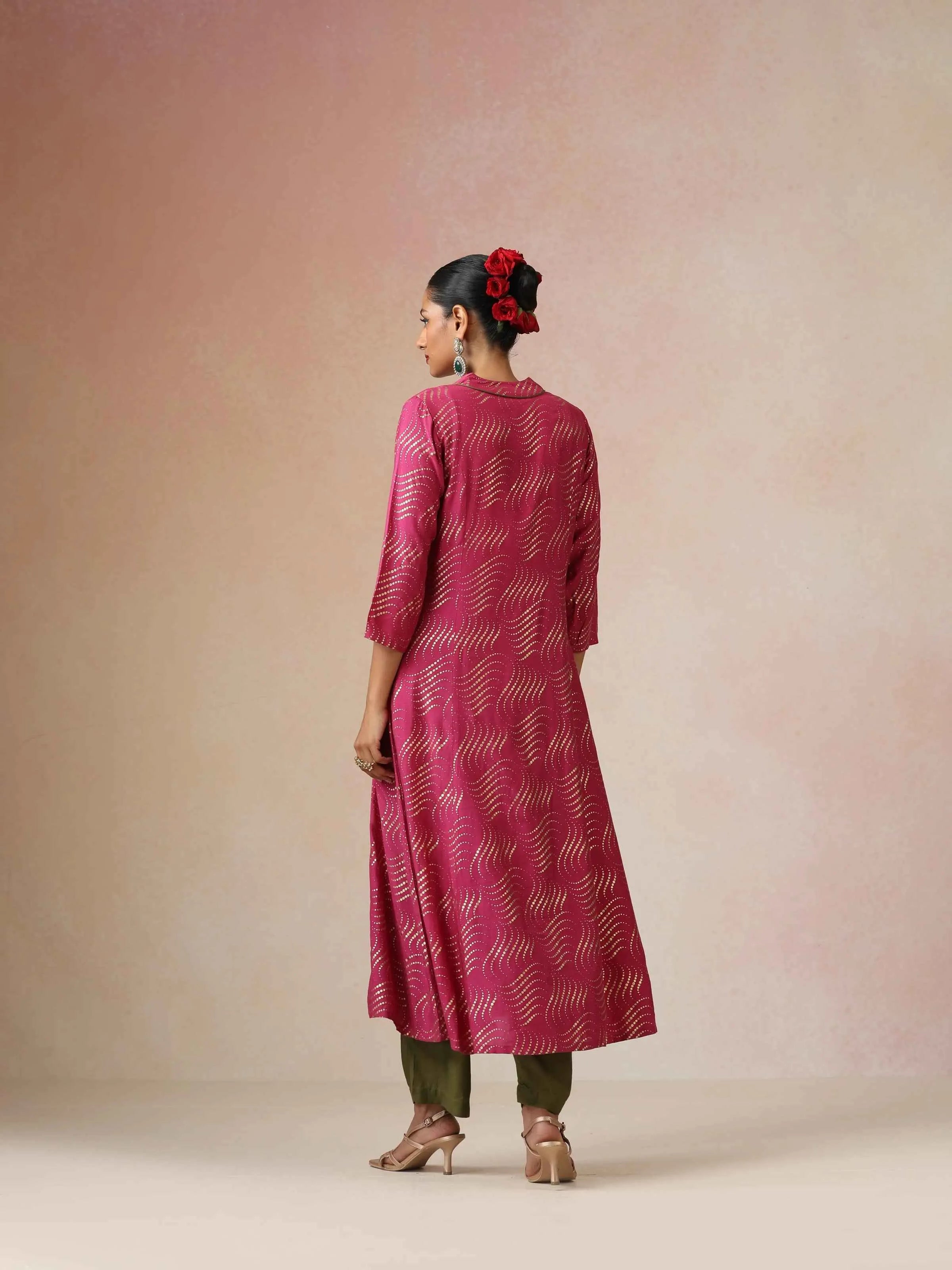 trueBrowns Pink Gold Foil Print Muslin Silk A-line Kurta Set