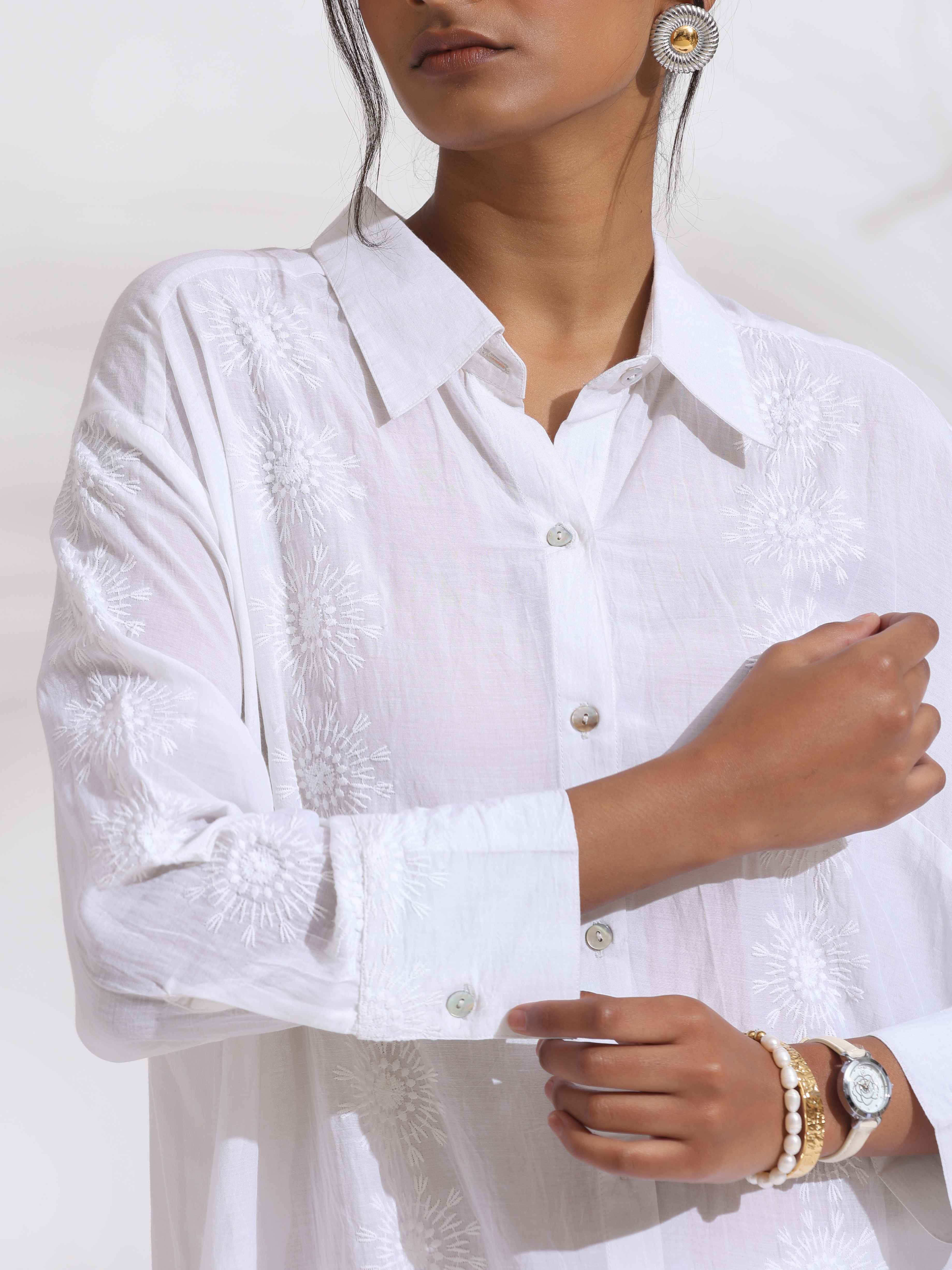 trueBrowns White Cotton Schiffli Shirt Kurta Set