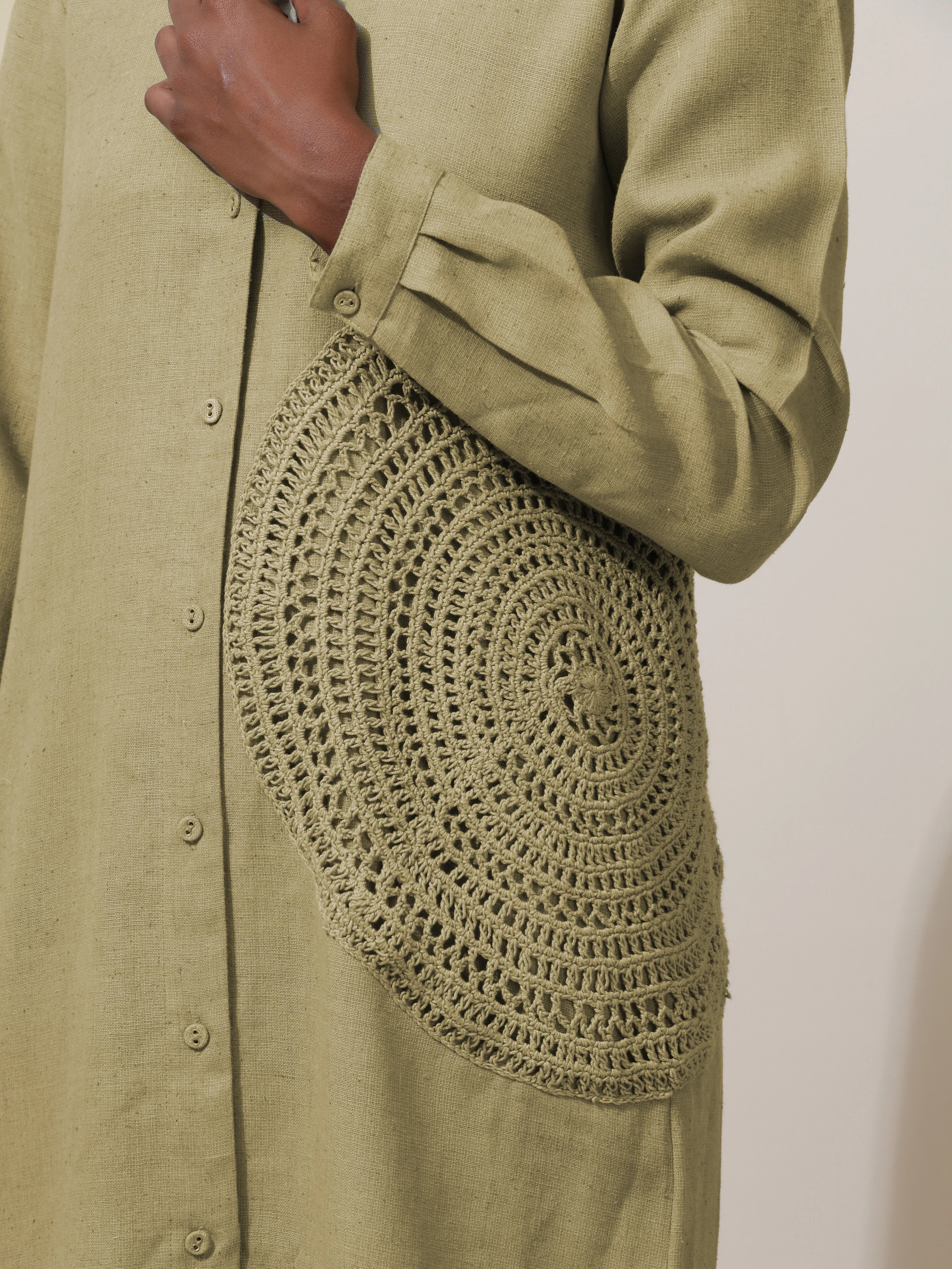 trueBrowns Fern Green Crochet Natural Cotton Kurta Pant Set