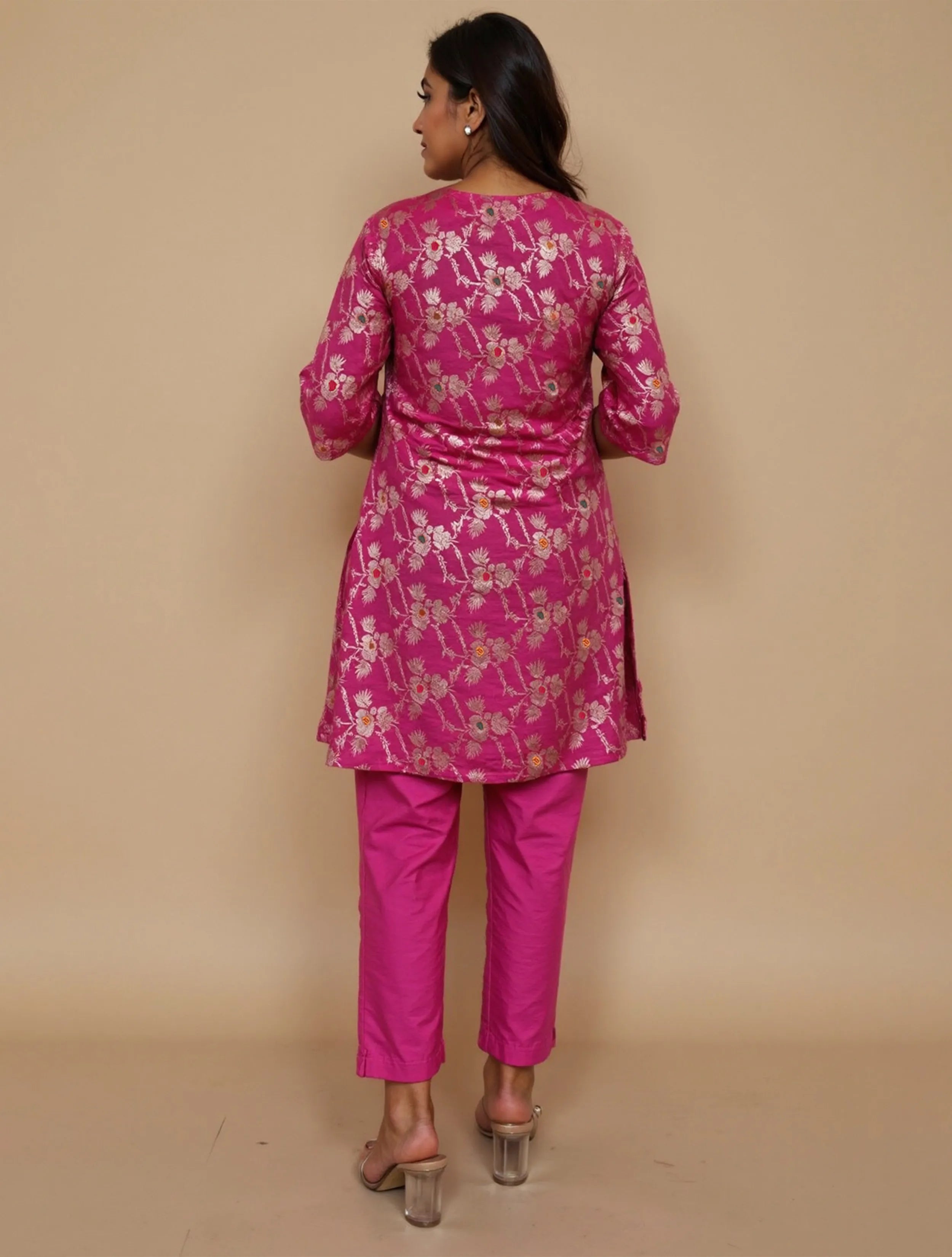 trueBrowns Pink Brocade A-Line Kurta Co-Ord Pants Set