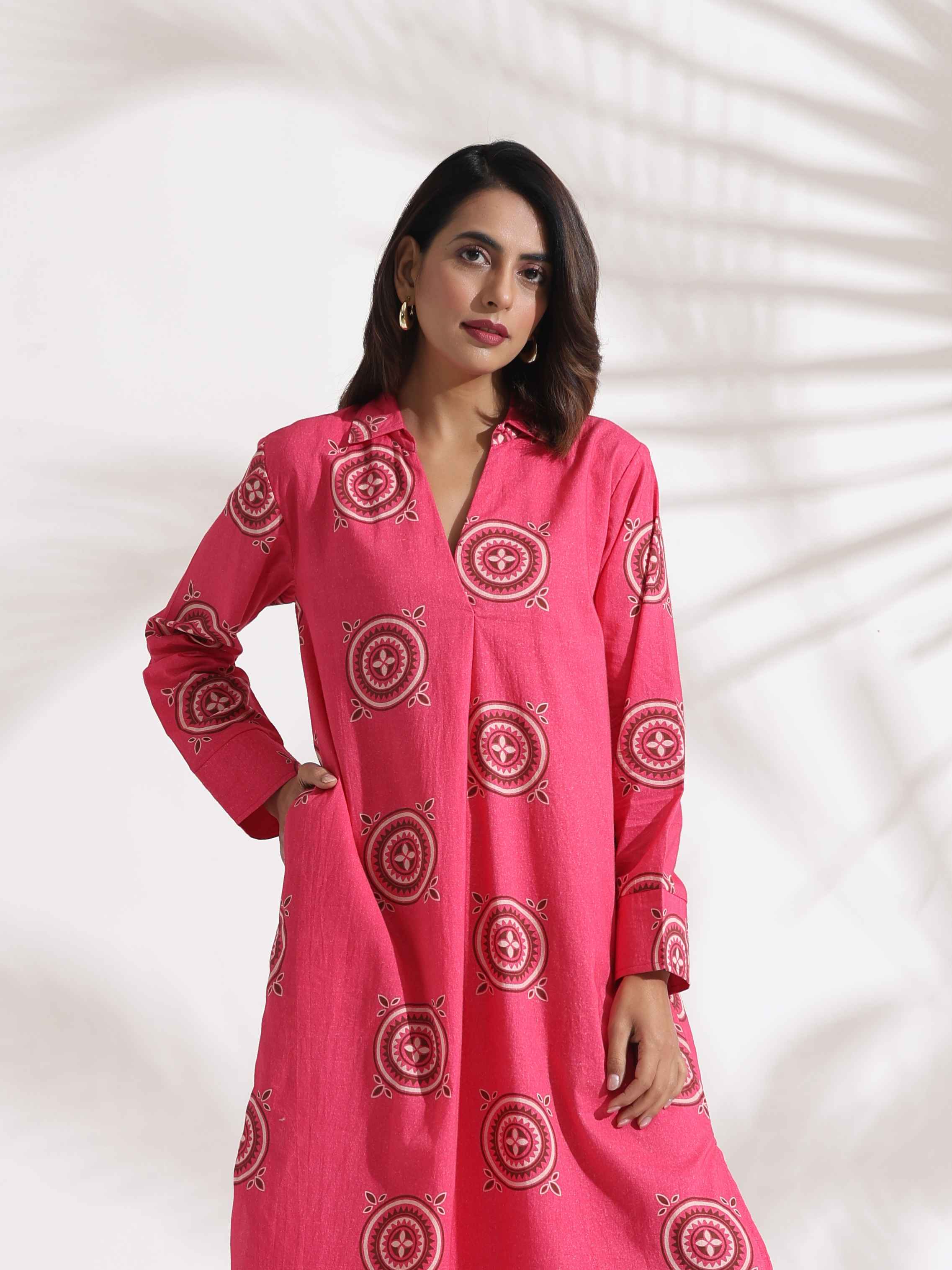 trueBrowns Pink Cotton Print A-line Dress