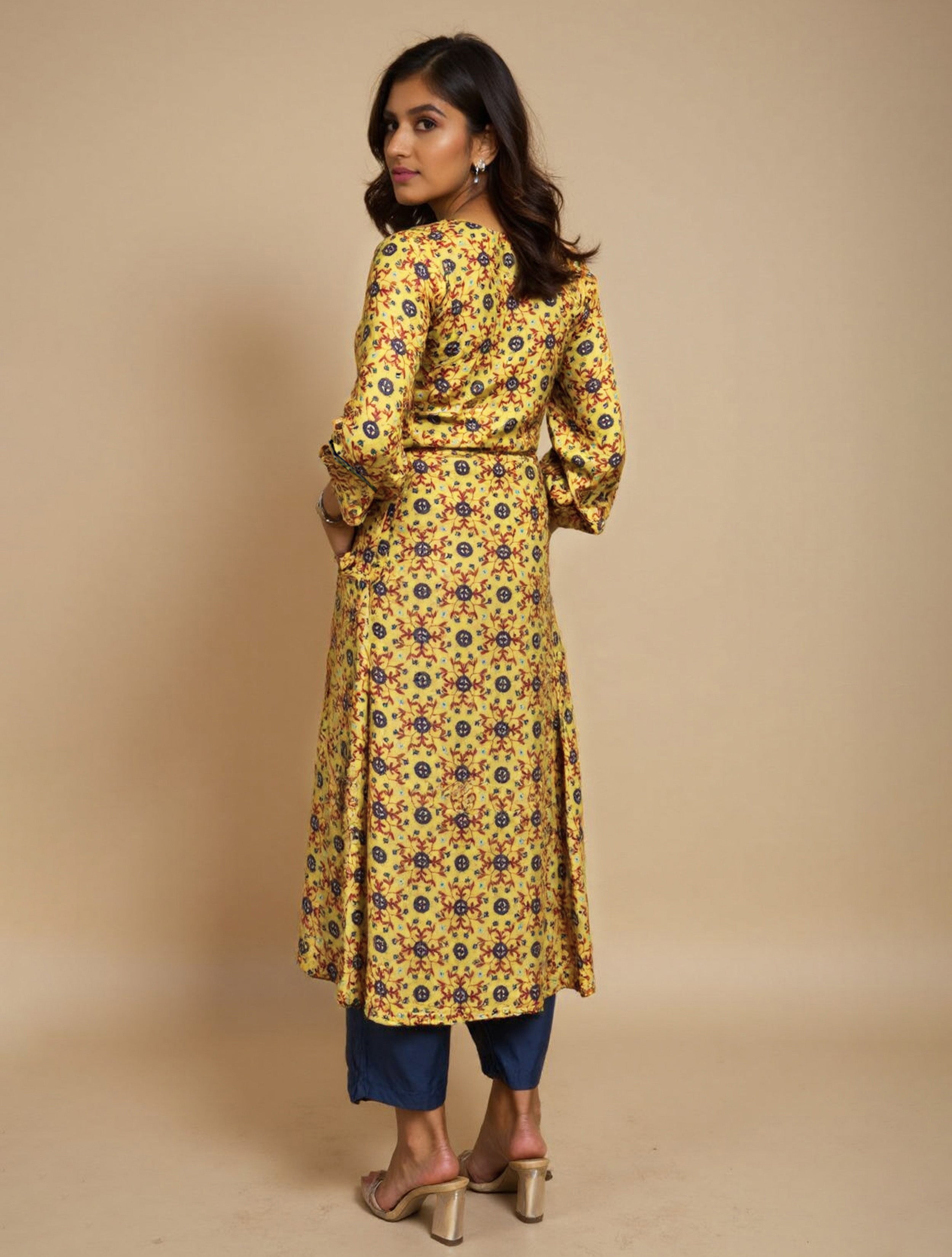 trueBrowns Lime Pink Floral Print A-line Glass Neck Kurta Set