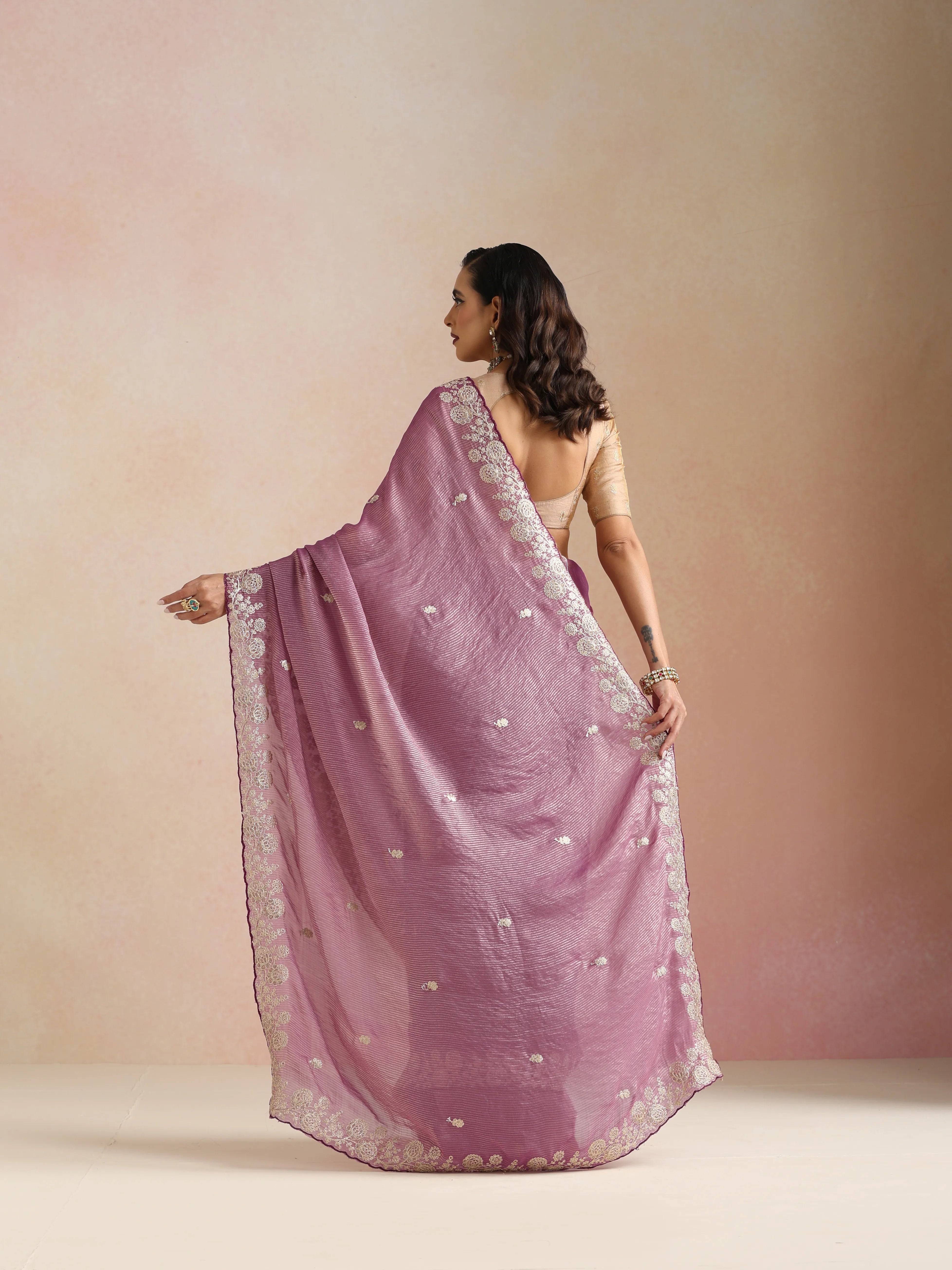 trueBrowns Purple Tissue Stripe Embroidery Weave Saree With Unstitched Blouse