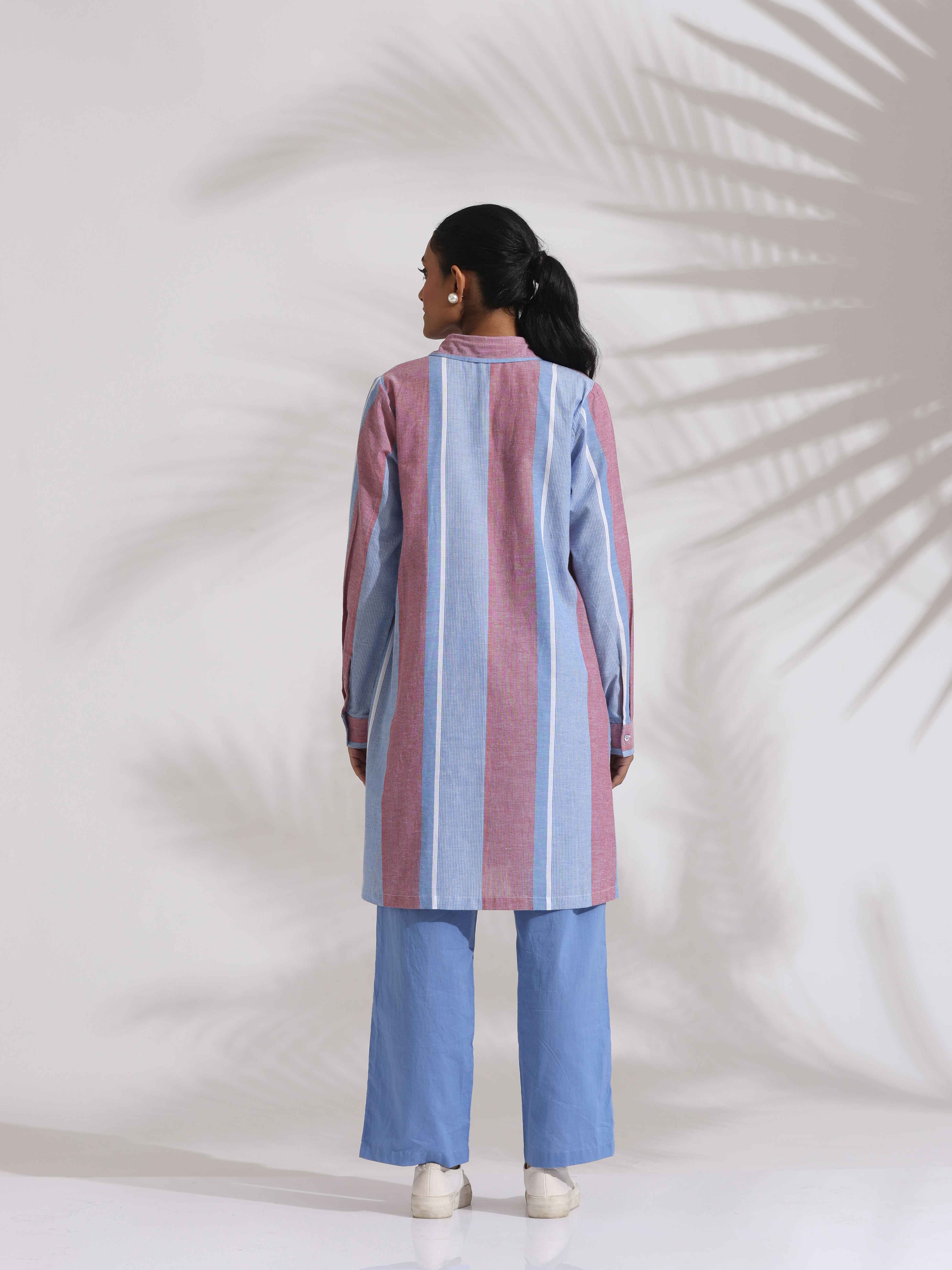 trueBrowns Blue Cotton Stripe Kurta Co-ord Set