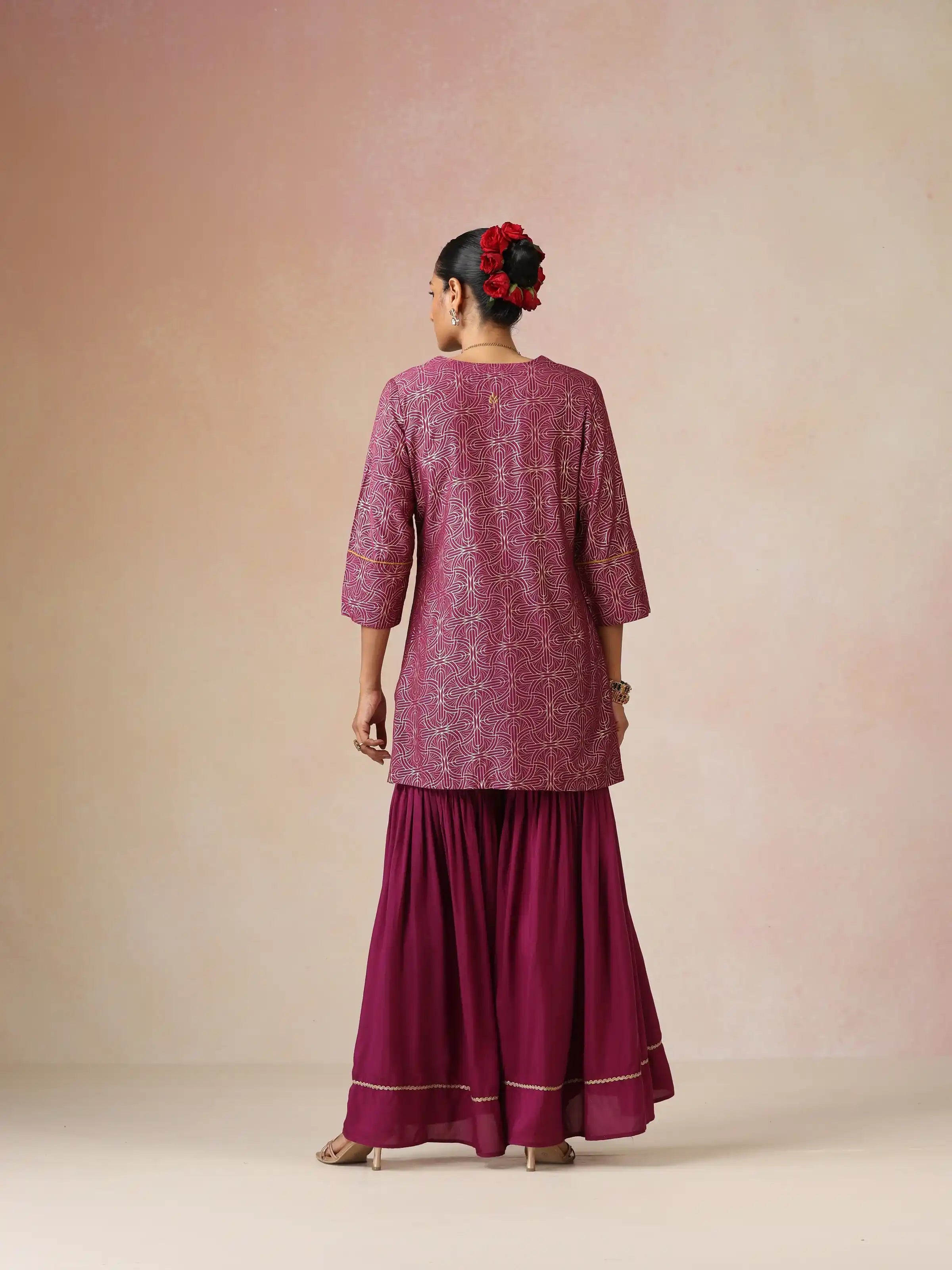trueBrowns Magenta Gold Foil Print Muslin Silk Sharara Set