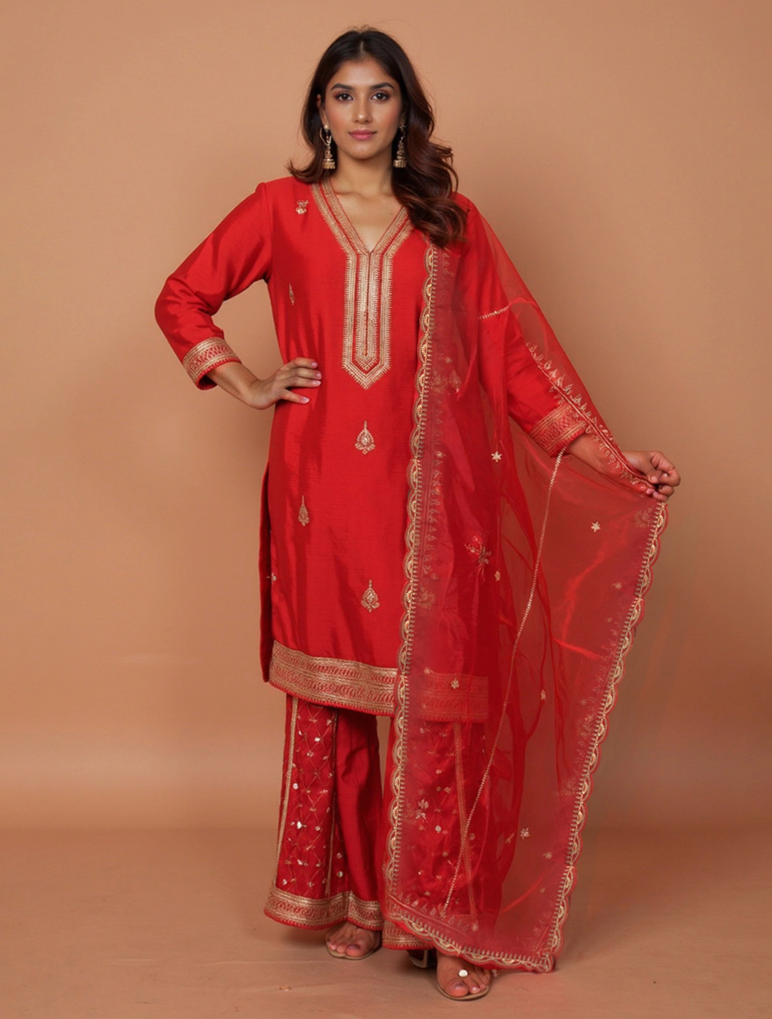 trueBrowns Red All Over Embroidered Straight Kurta With Palazzo Dupatta Set