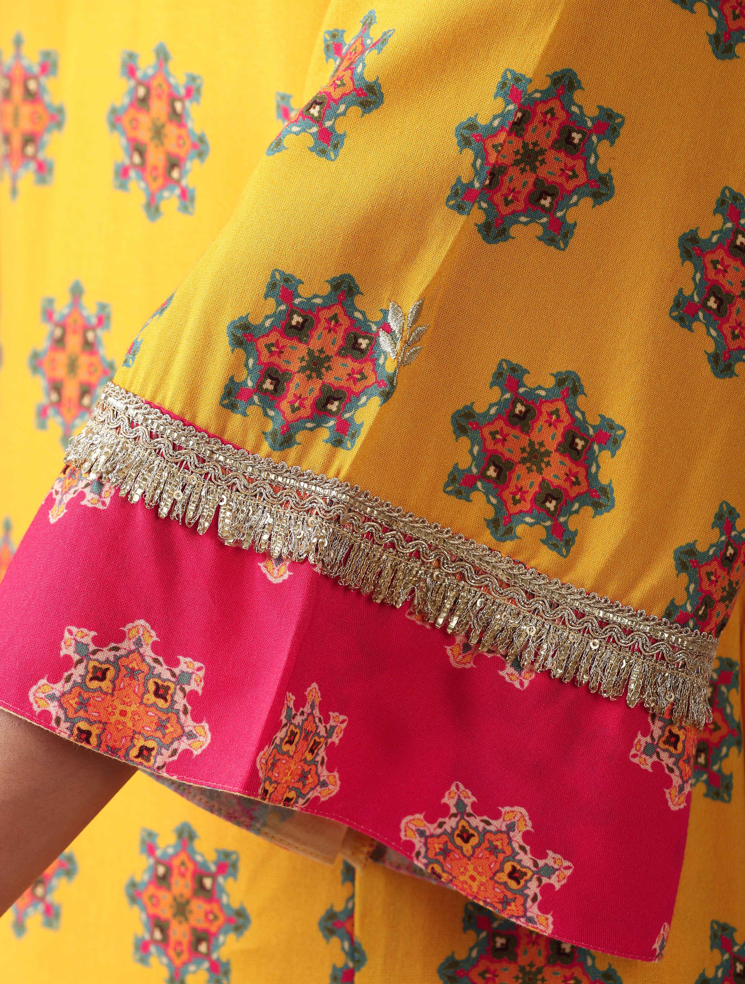 trueBrowns Yellow Boota Print Viscose A-line Kurta Set