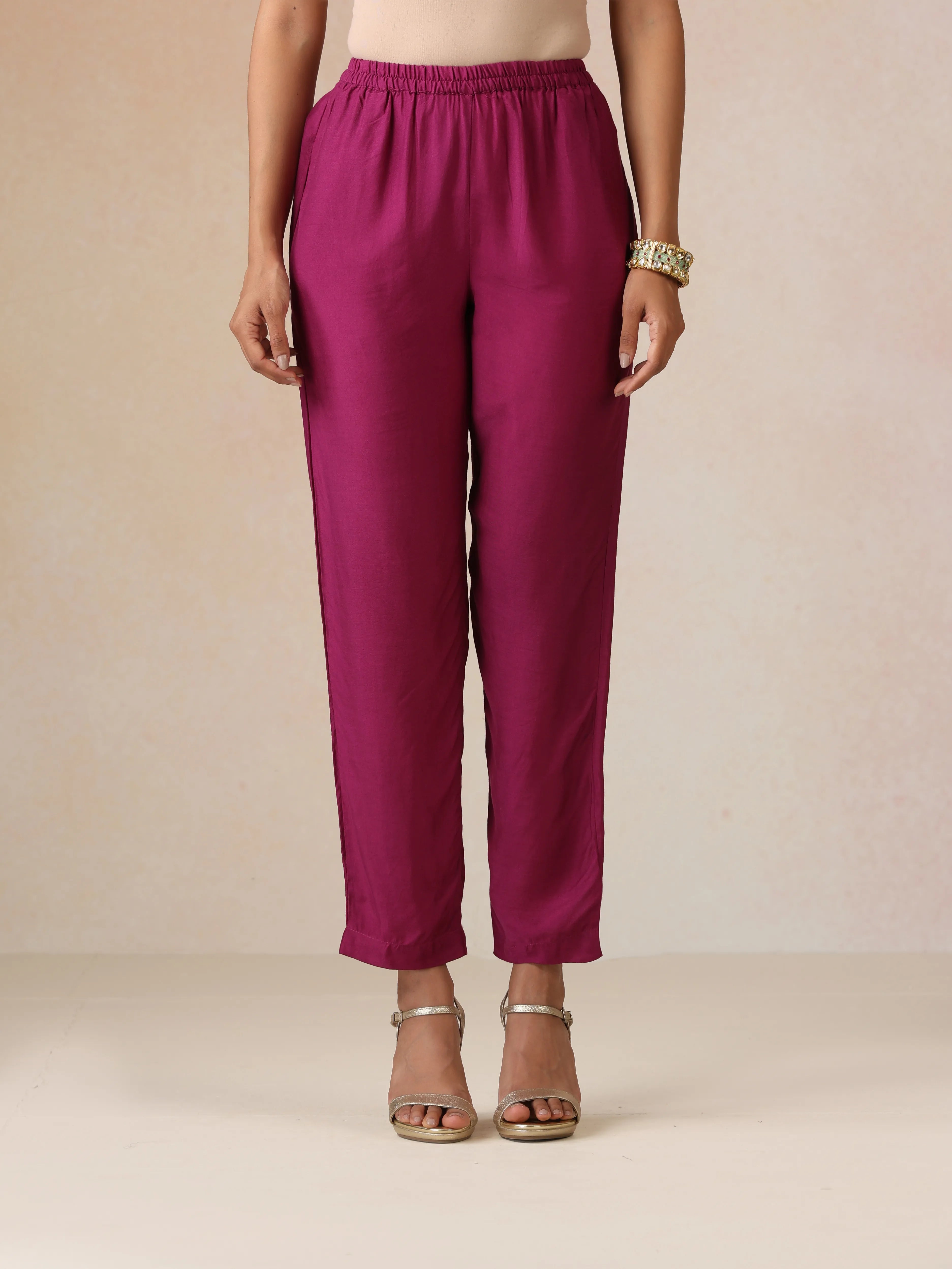 trueBrowns Magenta Gold Foil Print Muslin Silk Asymmetric One-Shoulder Kurta Co-ord Set