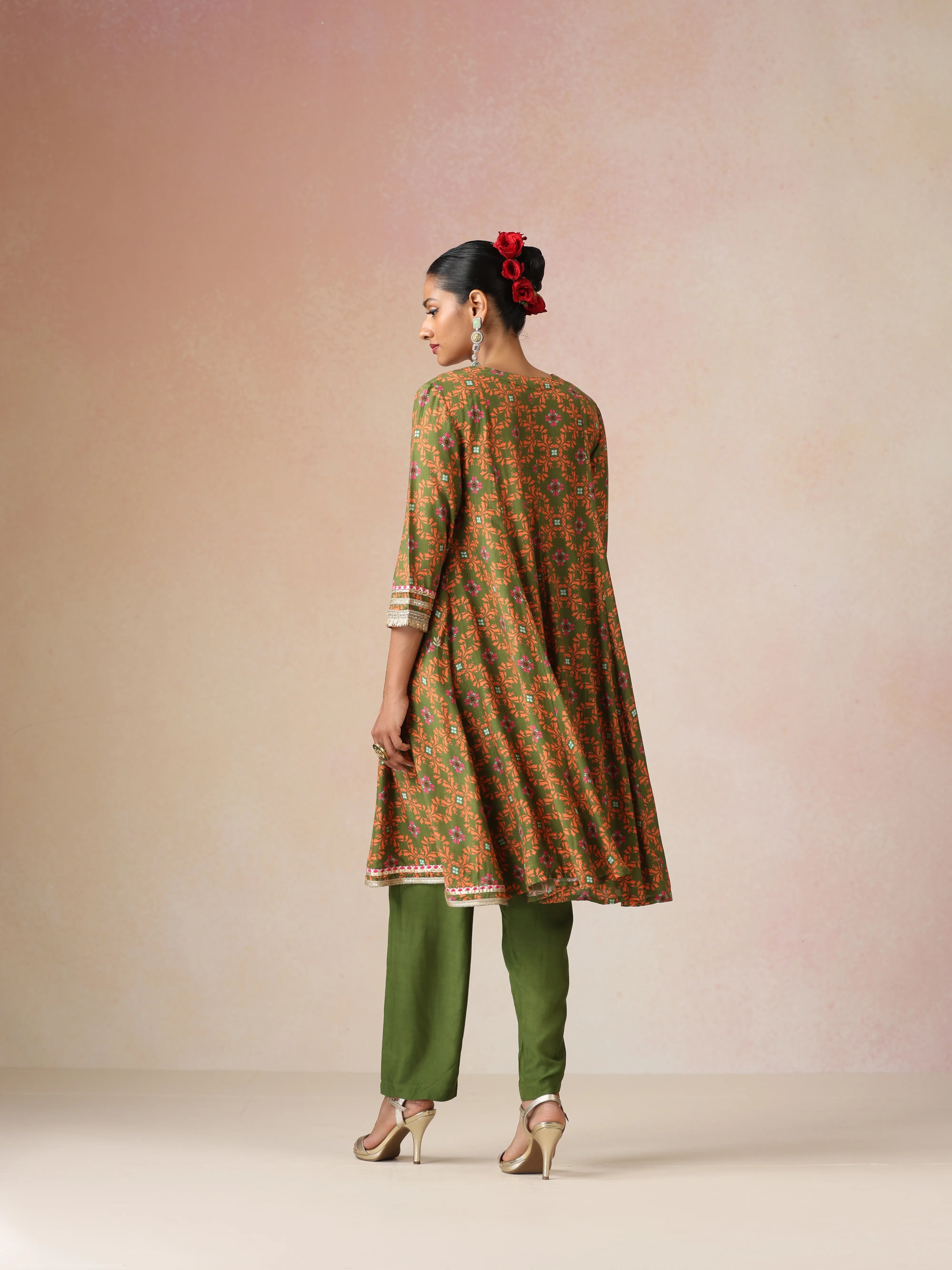 trueBrowns Dark Green Orange Jaal Print Viscose Flared Kurta Co-ord Set