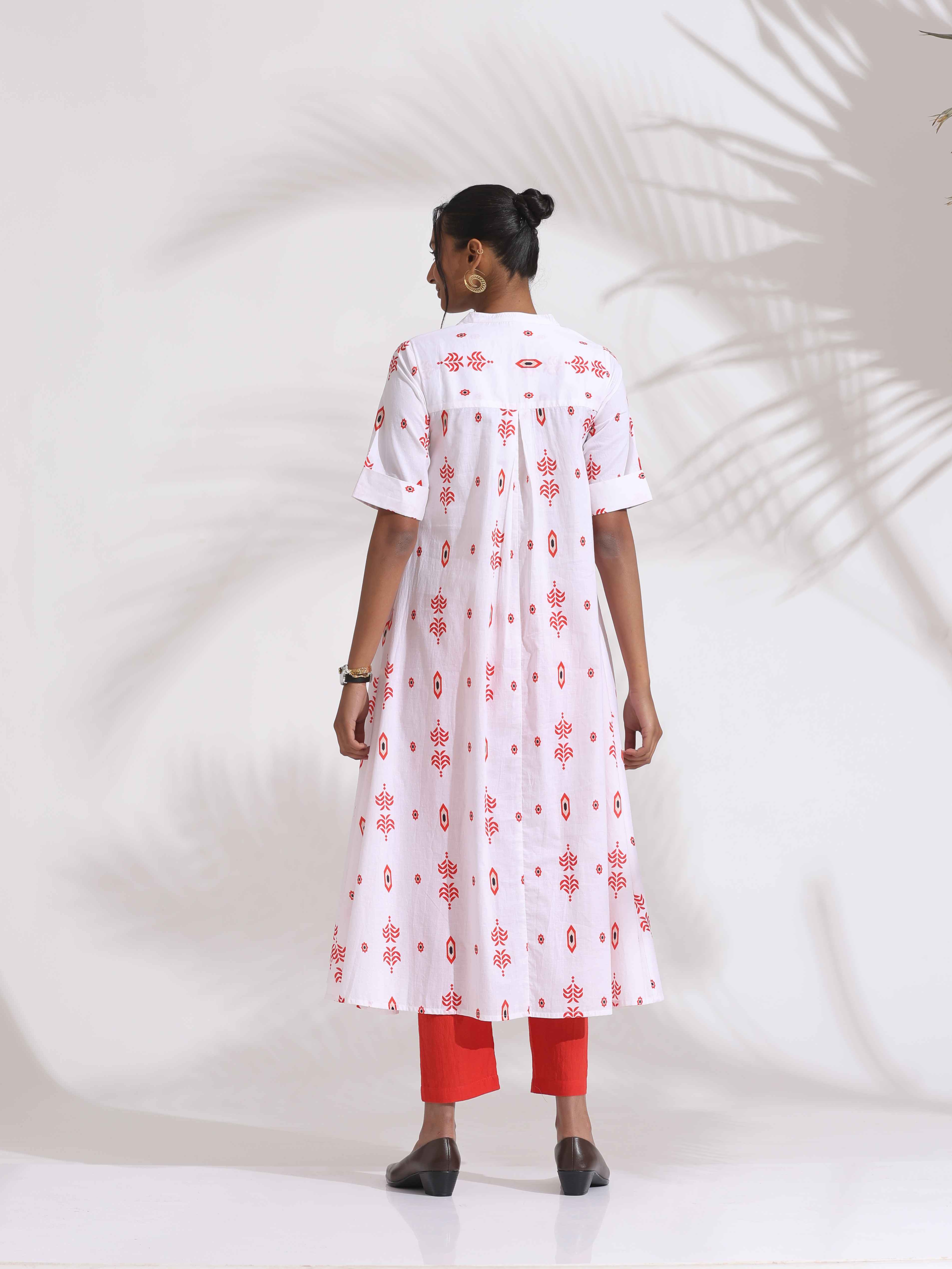 trueBrowns White Cotton Print Flared Kurta Set