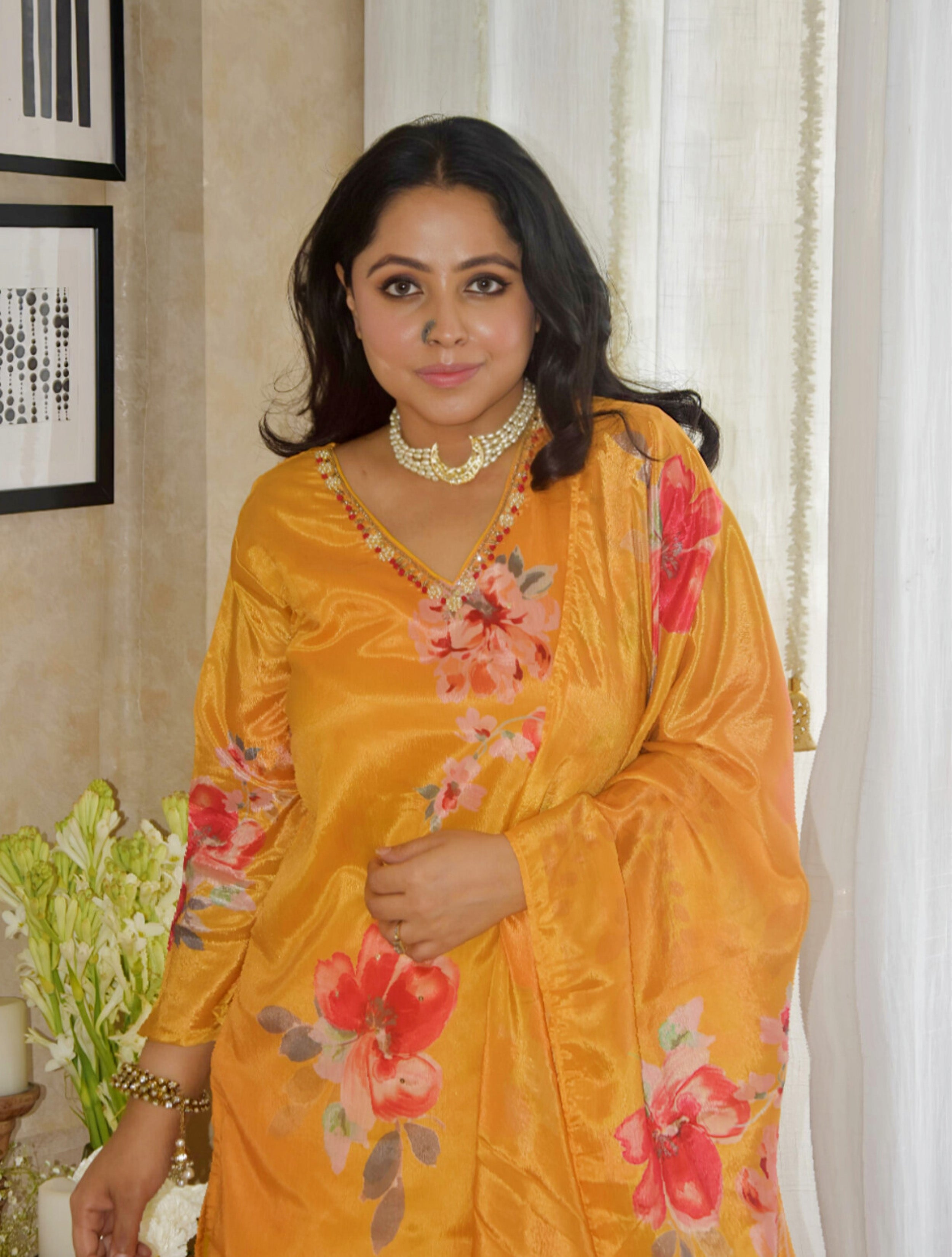 trueBrowns Yellow Floral V-Neck Emb Straight Kurta Pant Dupatta Set