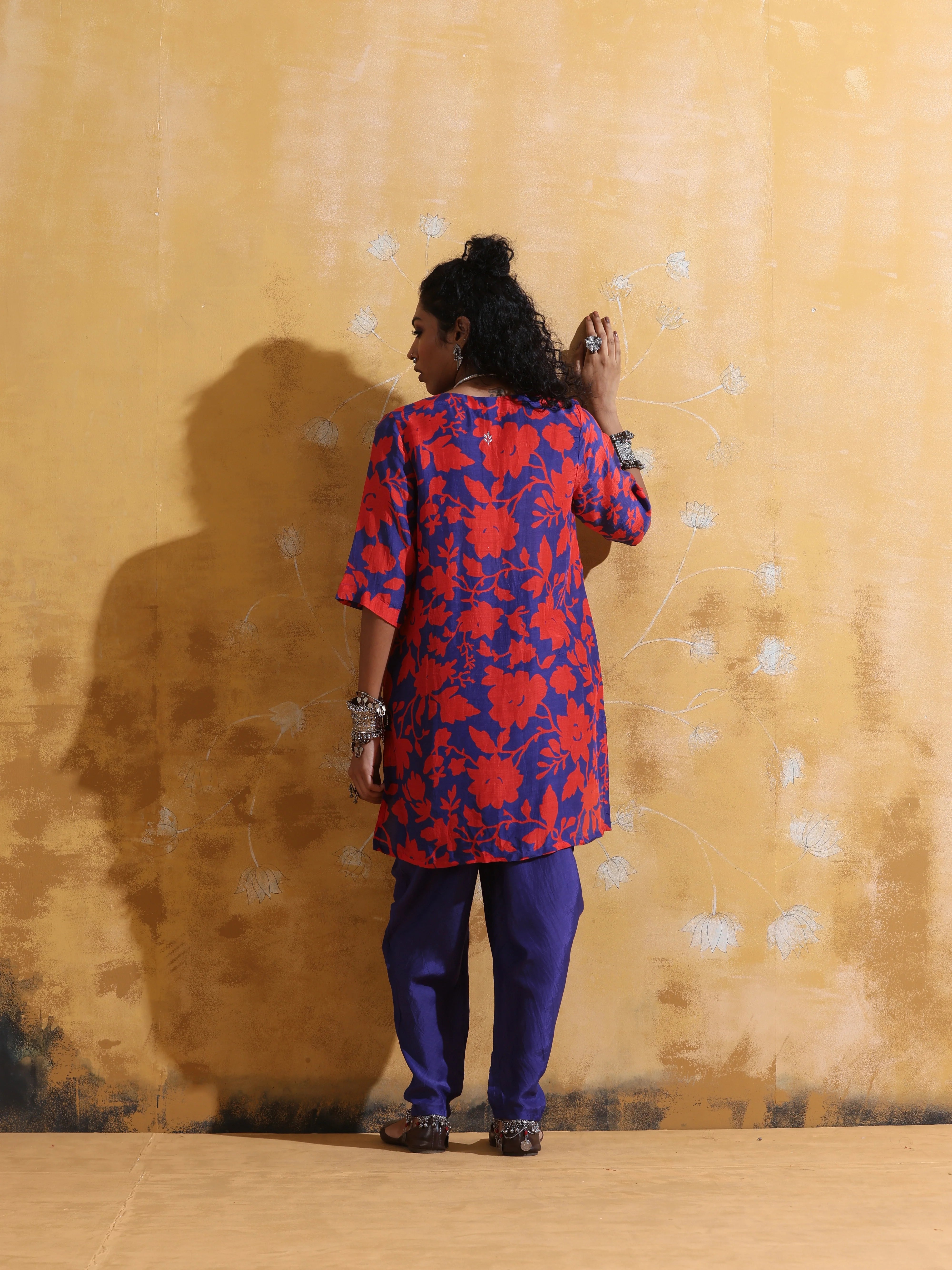 trueBrowns Purple Red Jaal Print Muslin Silk Dhoti Co-ord Set