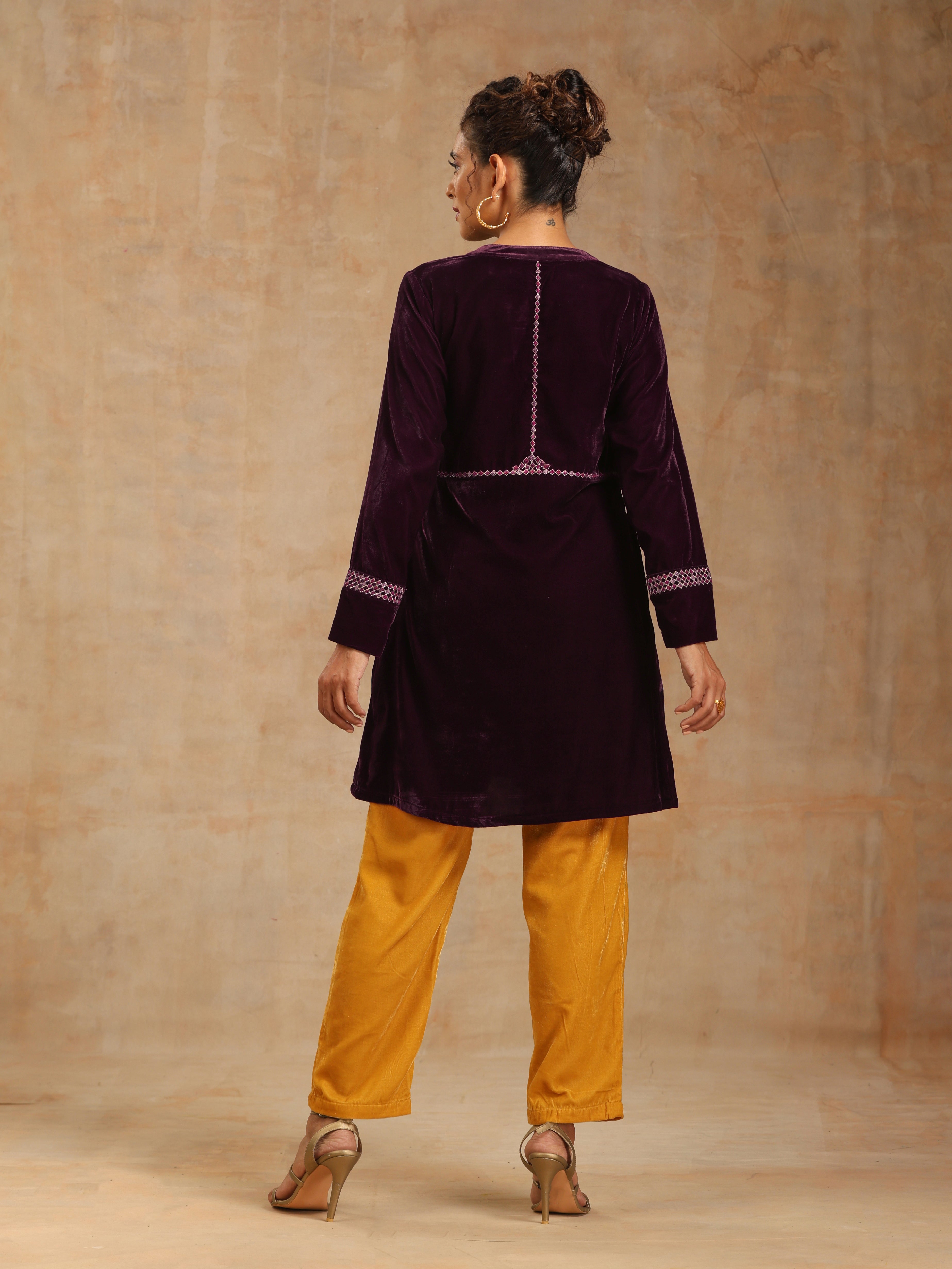 trueBrowns Wine Velvet Placket Embroidered Co-ord Set