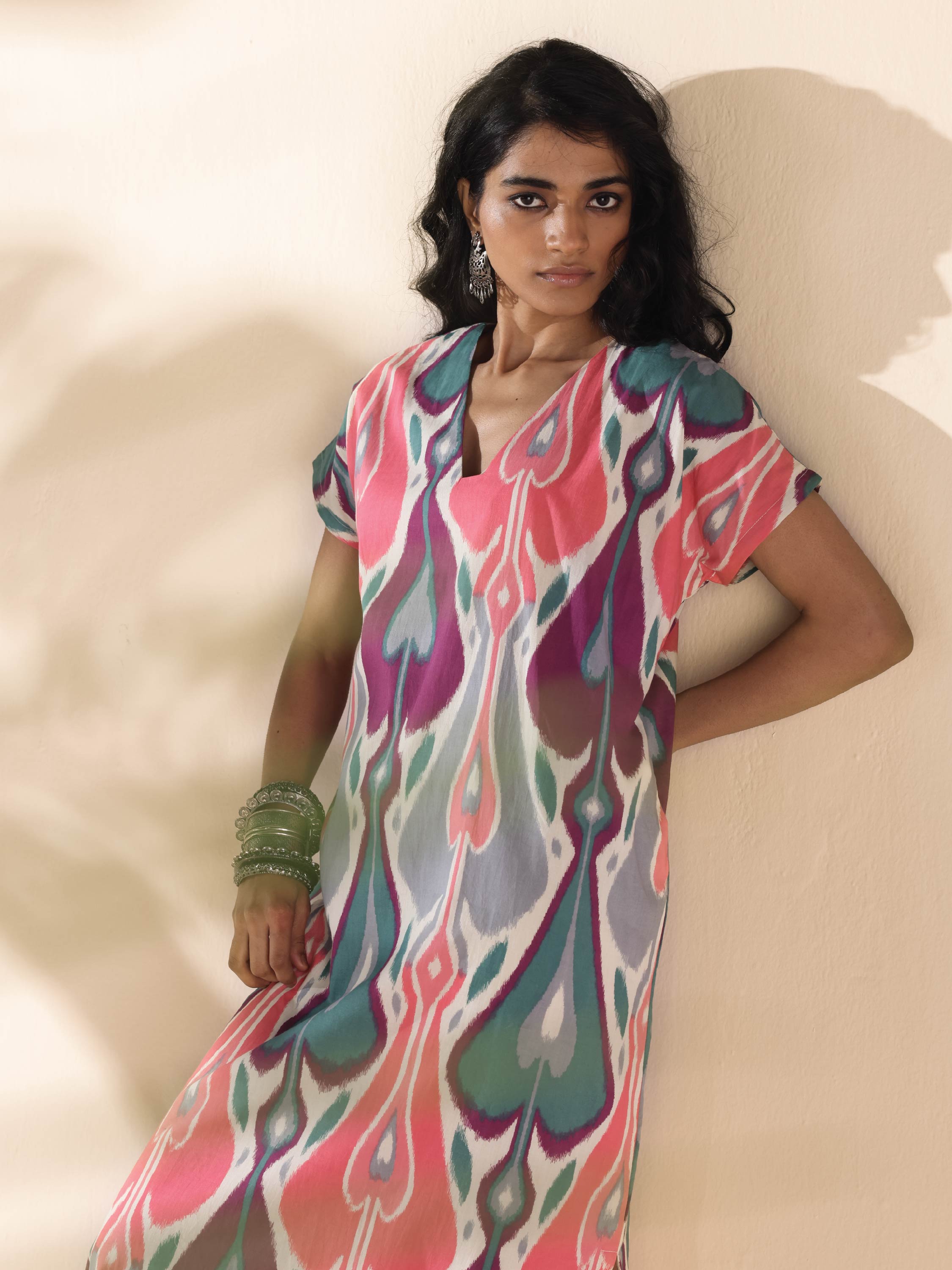 trueBrowns Green Cotton Ikat Slit Dress