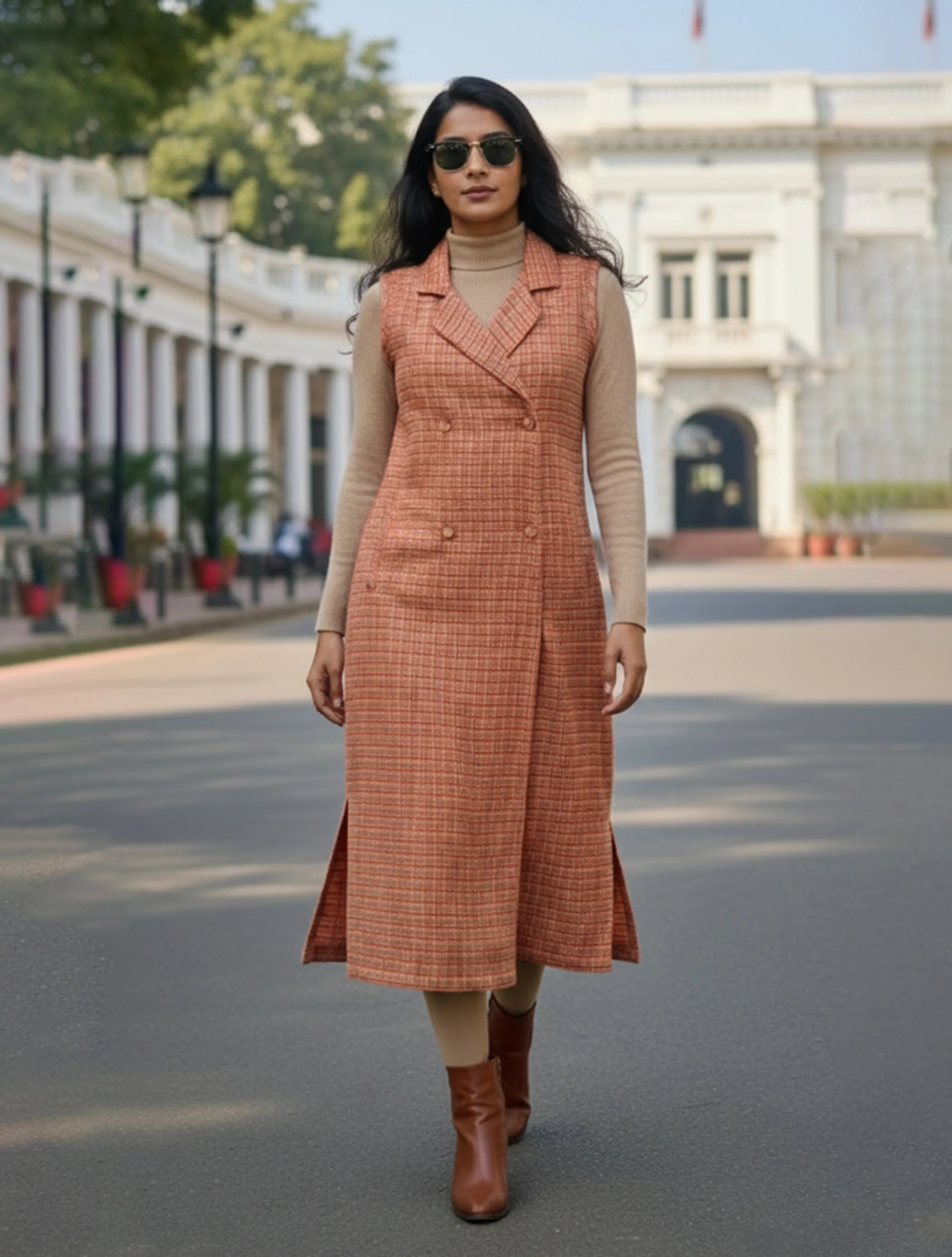 trueBrowns Rust Check Woollen Blazer Dress