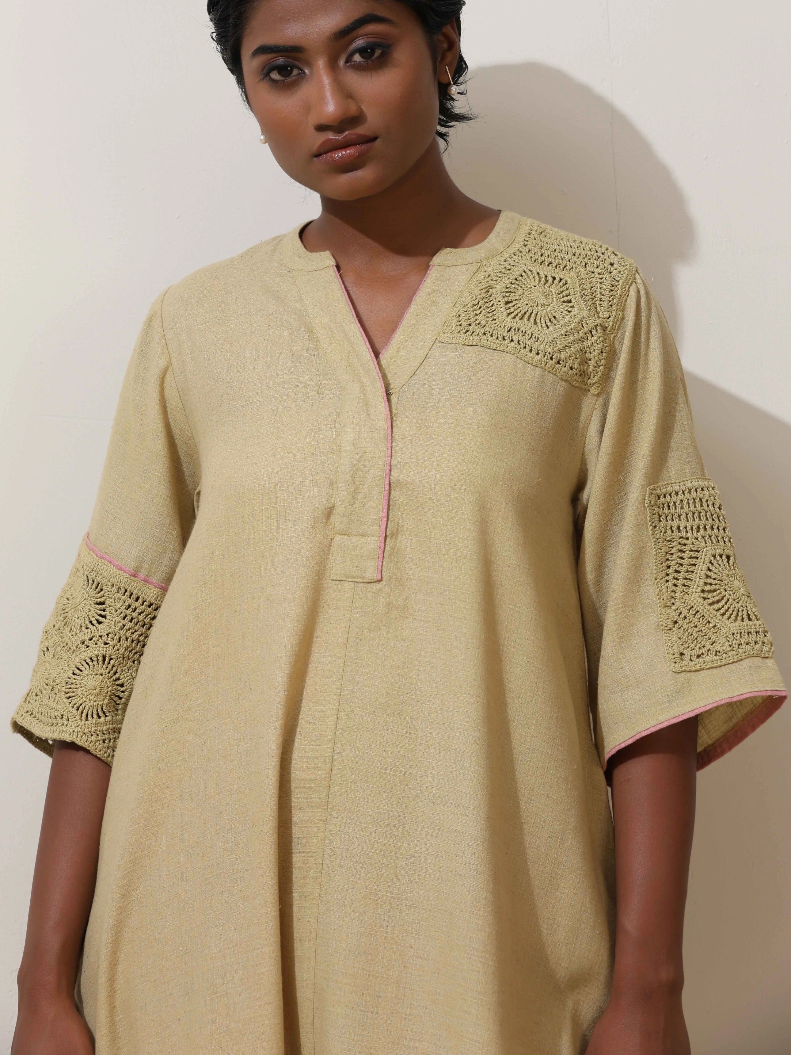 trueBrowns Souk Yellow Crochet Natural Cotton Kurta Pant Set