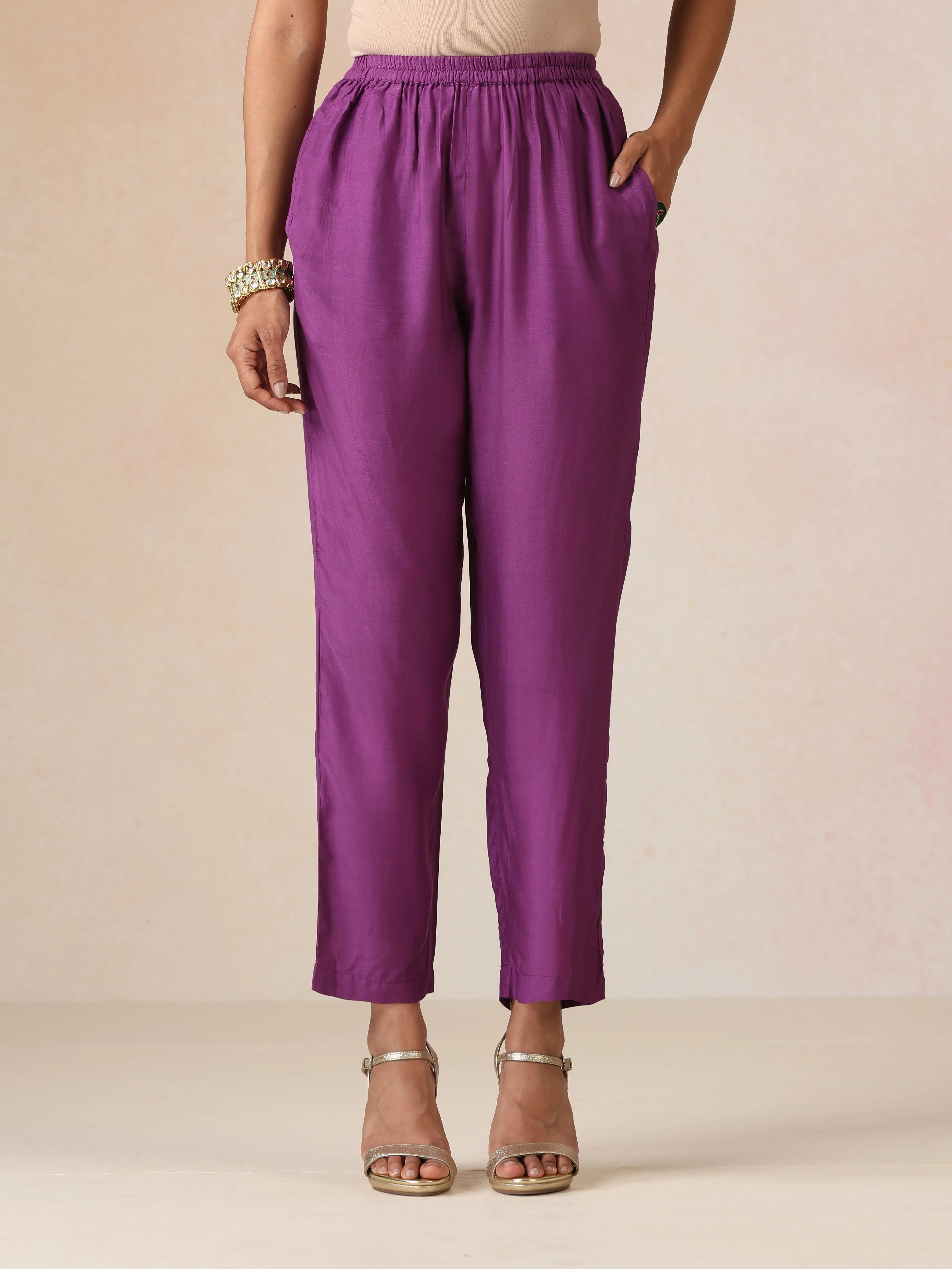 trueBrowns Purple Orange Jaal Print Viscose Anarkali High-Slit Kurta Set